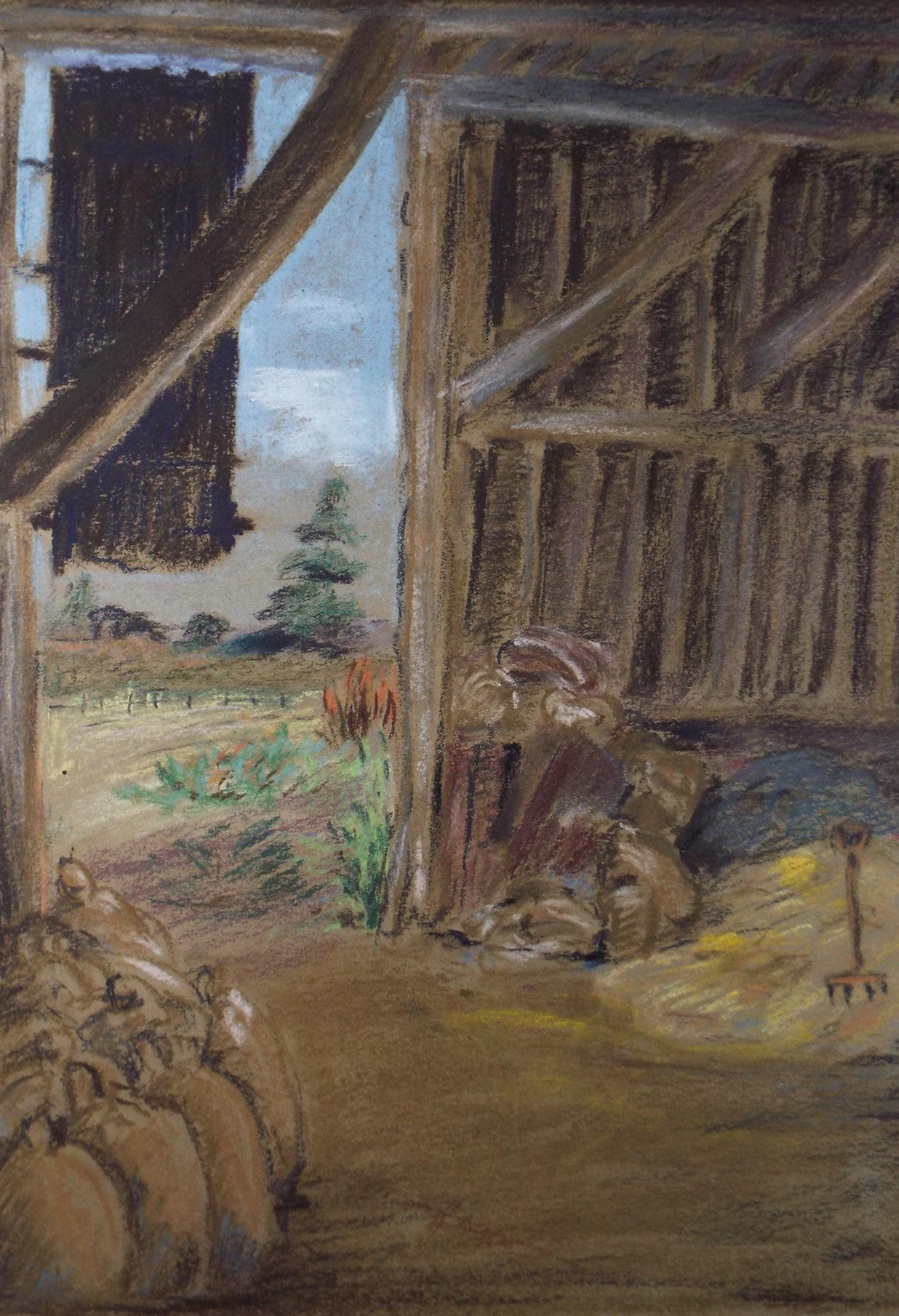 Original Pastel, 'Barn Interior', circa 1920's, Artist Unknown