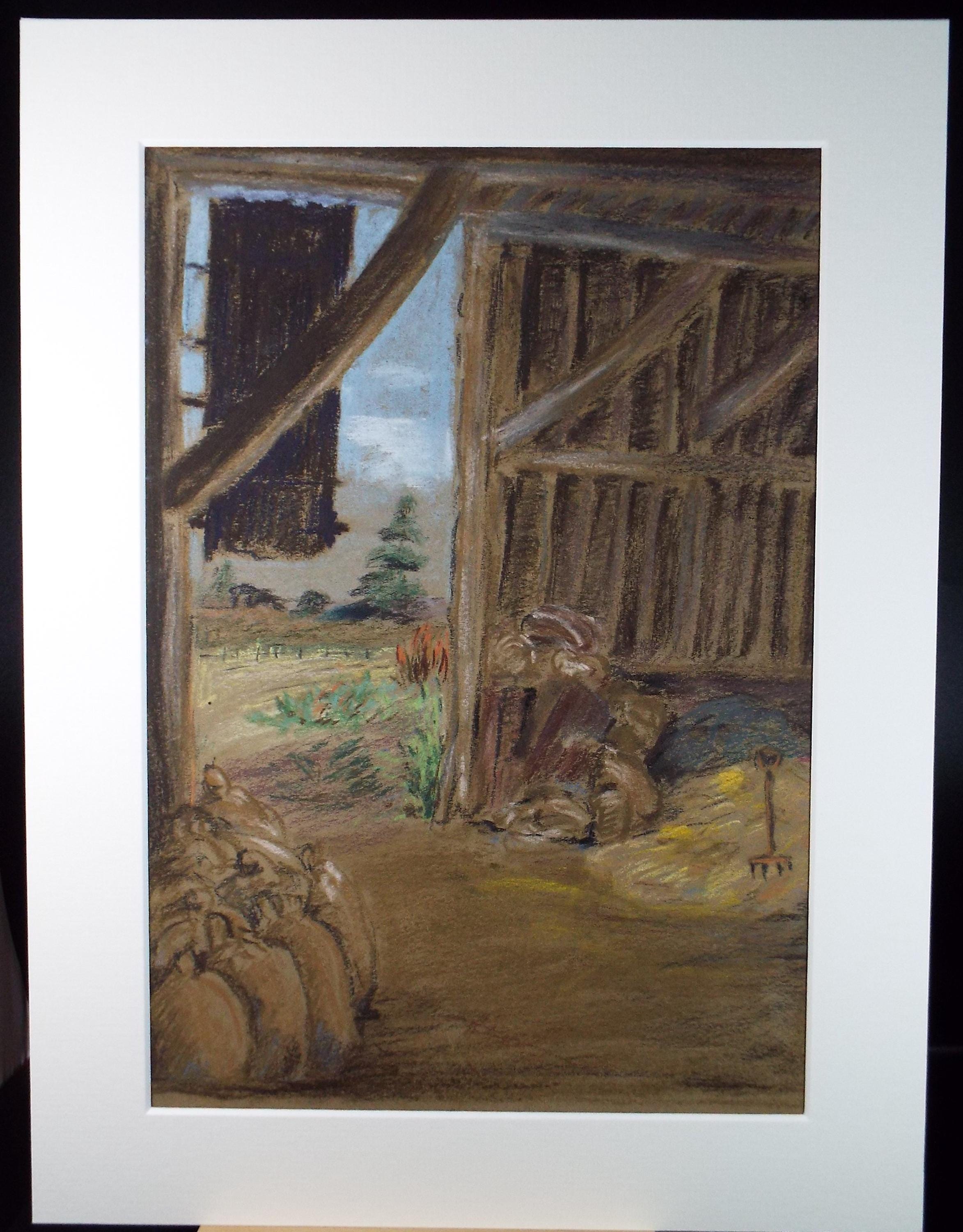 Original Pastel, 'Barn Interior', circa 1920's, Artist Unknown