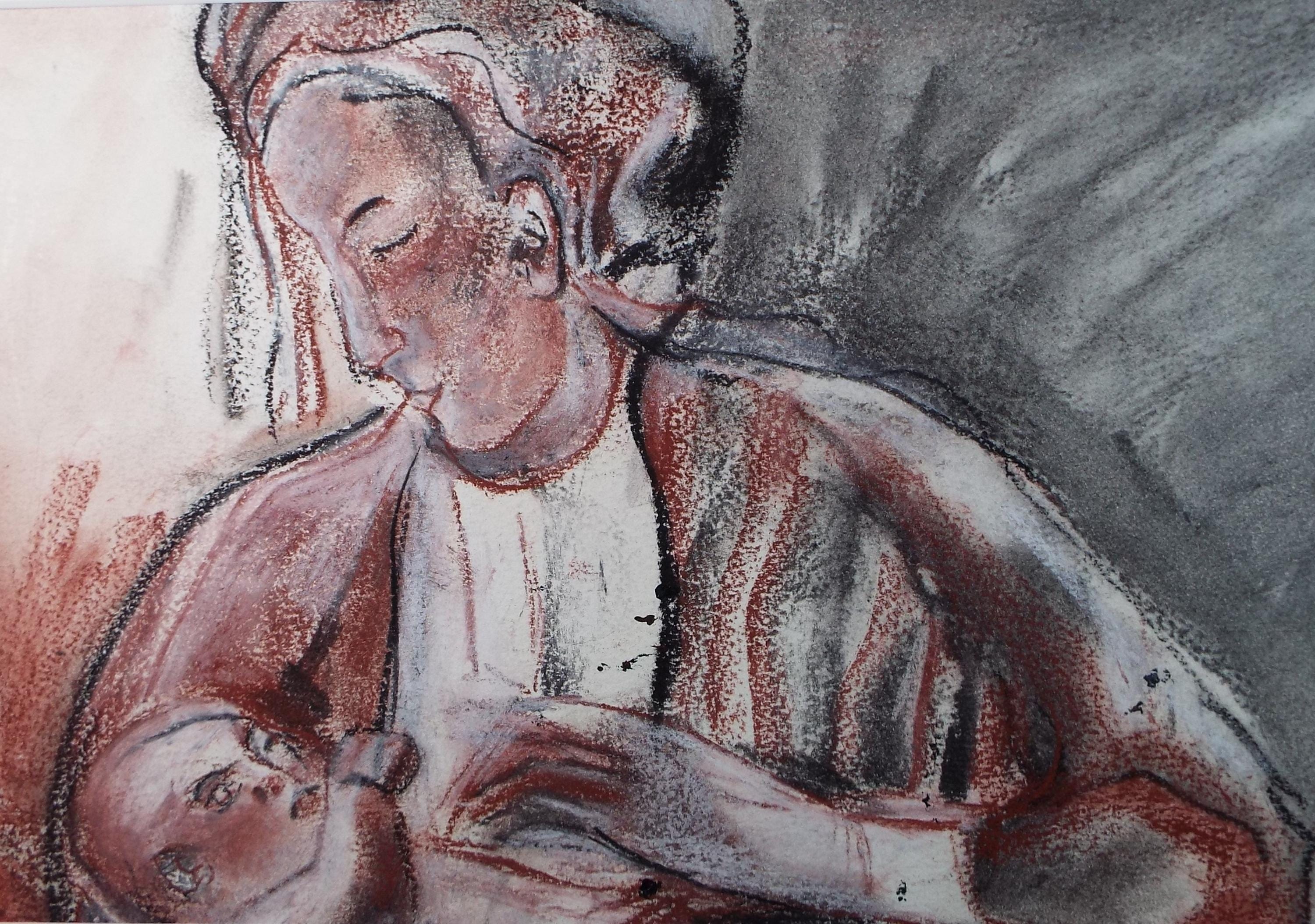 Original Pastel, 'Maria playing with Baby', circa 1990's, Elizabeth Duncan Meyer