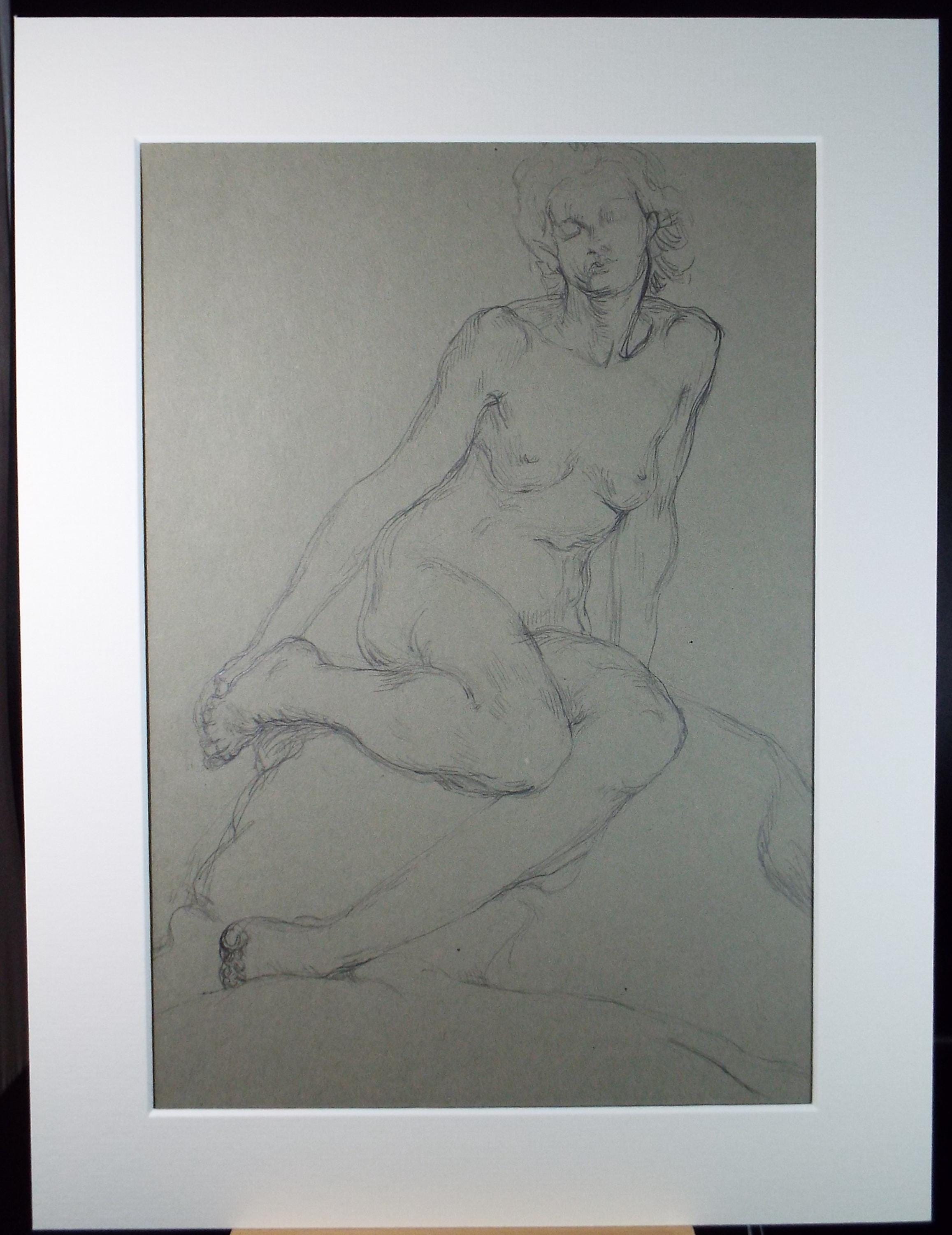 Original Pencil Sketch,'Seated Nude', Circa 1940's, Hilda Burford (1887-1957)