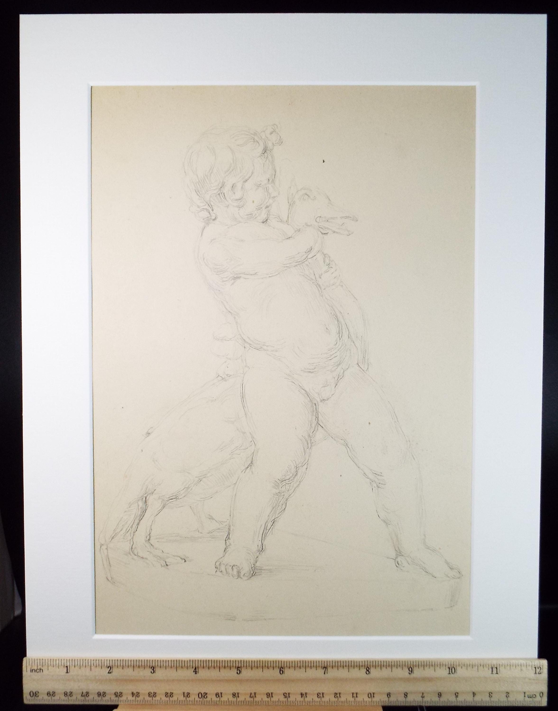Original Pencil drawing, 'Putto with Swan', Circa 1940's, Hilda Burford