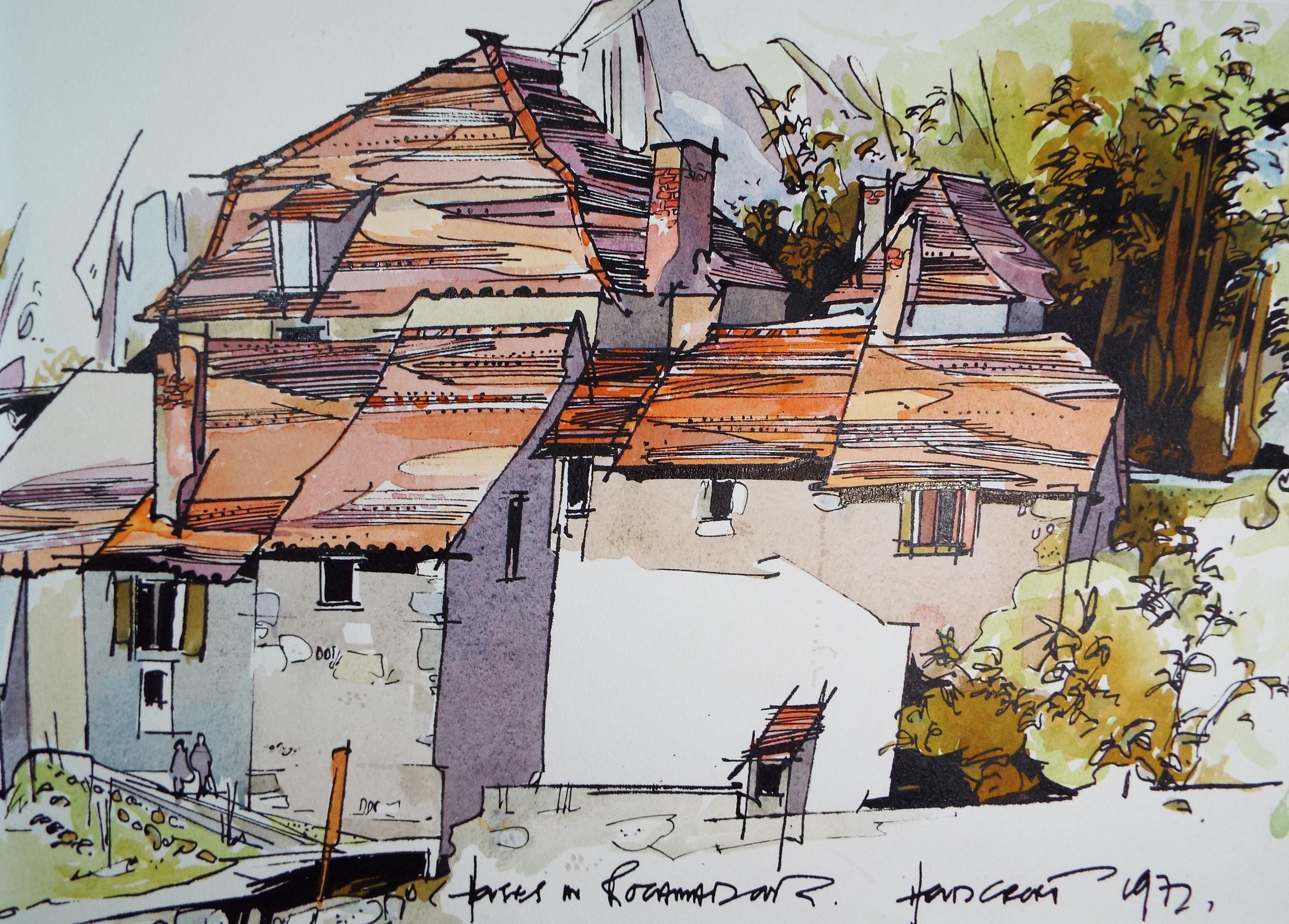 Original Ink & watercolour drawing , 'Houses, Rocamadour', John Hambleton Holdcroft (1926-2014), dated 1972