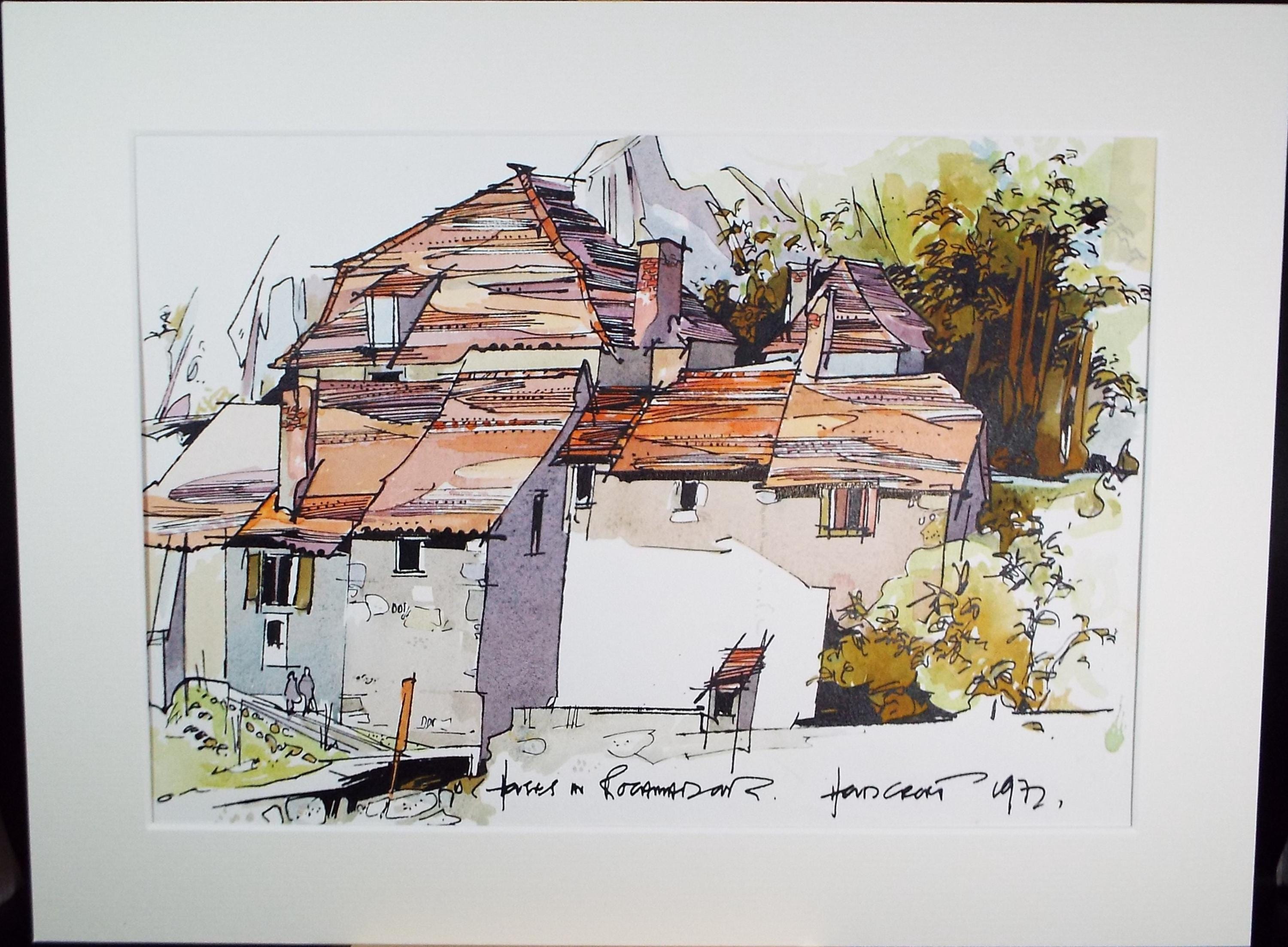 Original Ink & watercolour drawing , 'Houses, Rocamadour', John Hambleton Holdcroft (1926-2014), dated 1972