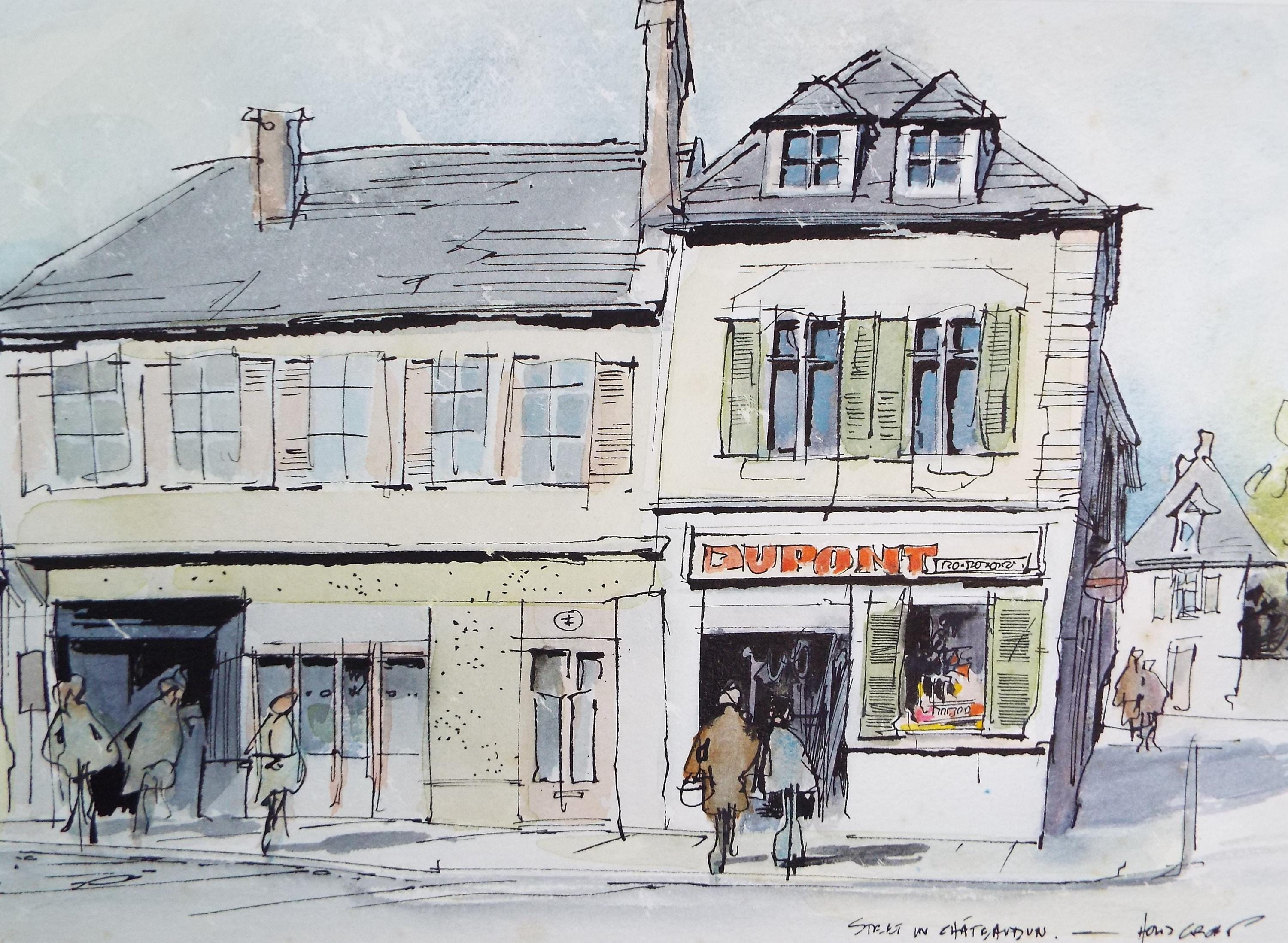 Original Watercolour drawing , 'Street in Chateaudun', John Hambleton Holdcroft (1926-2014), Circa 1970's