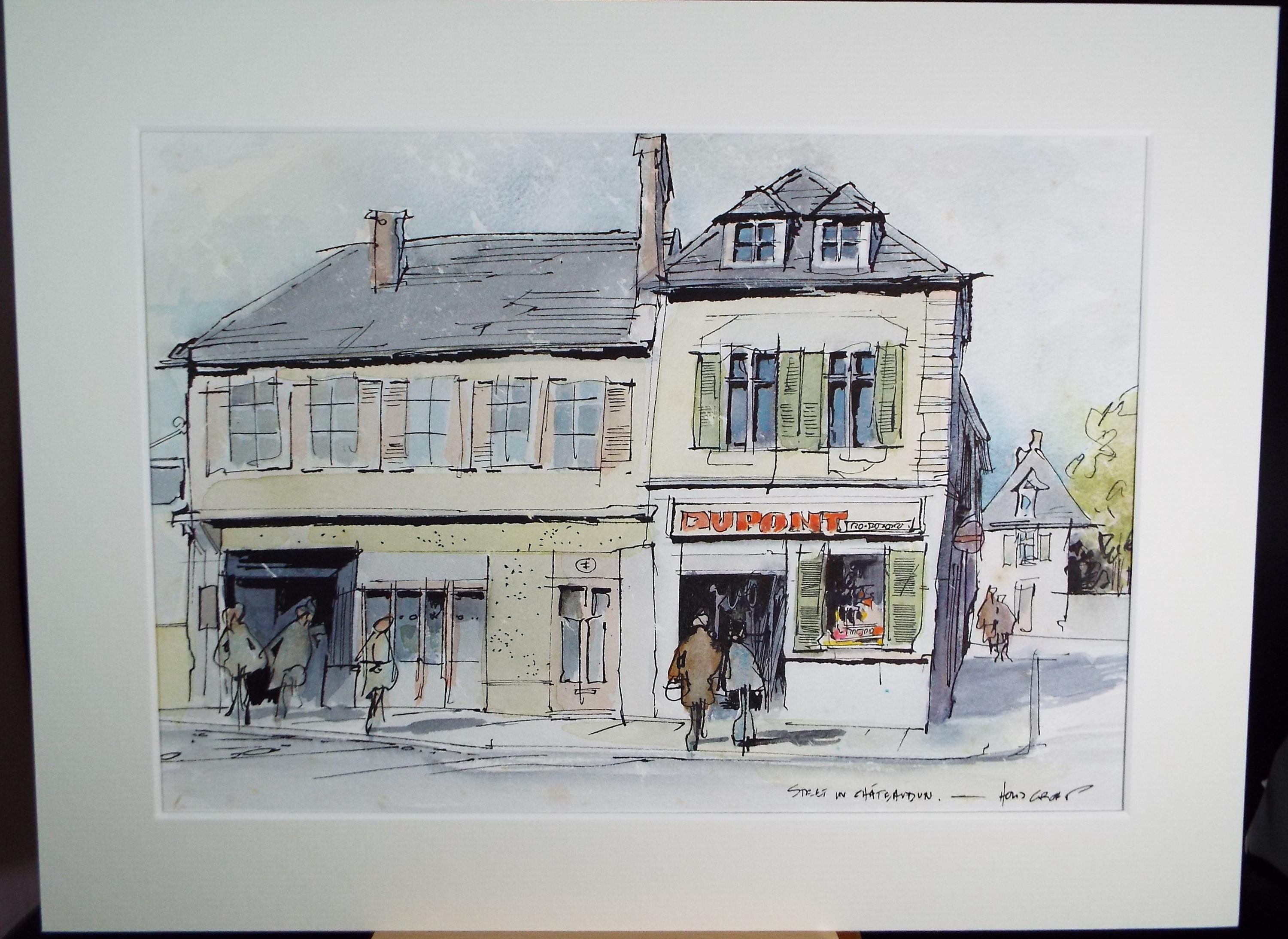 Original Watercolour drawing , 'Street in Chateaudun', John Hambleton Holdcroft (1926-2014), Circa 1970's
