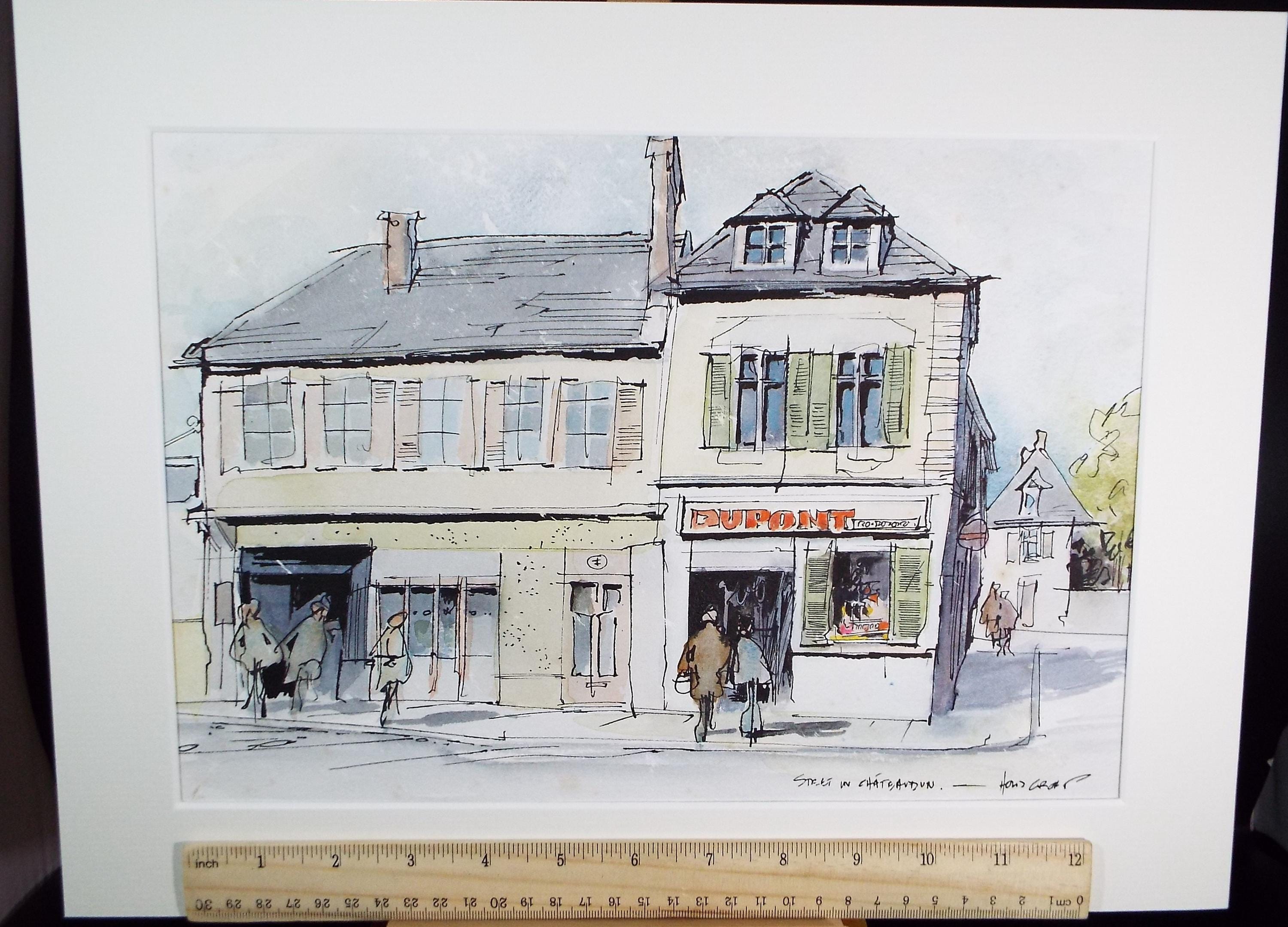 Original Watercolour drawing , 'Street in Chateaudun', John Hambleton Holdcroft (1926-2014), Circa 1970's