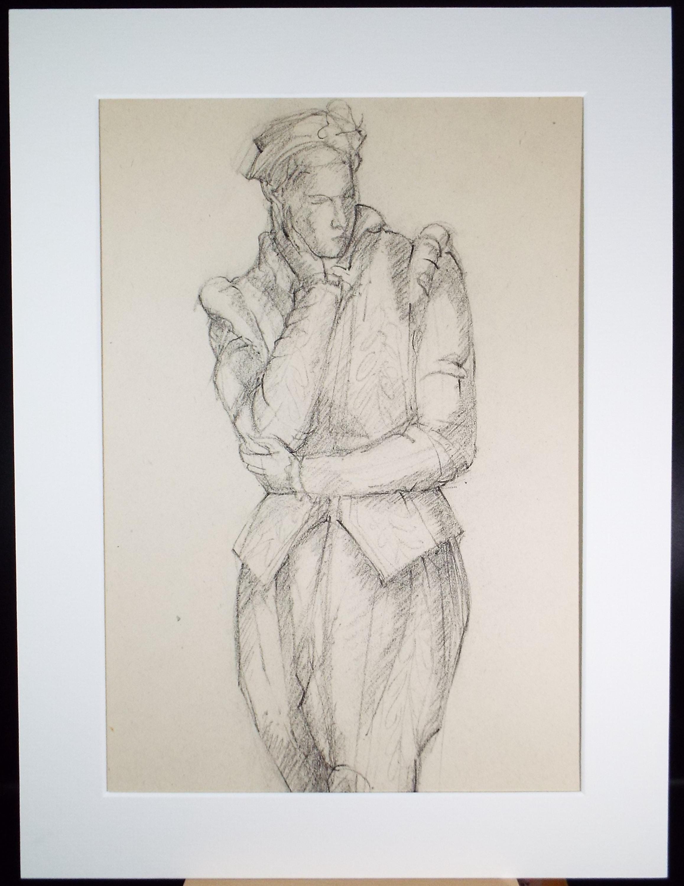 Pencil drawing 'Figure in Elizabethan dress', c1950s, C.D. Finley