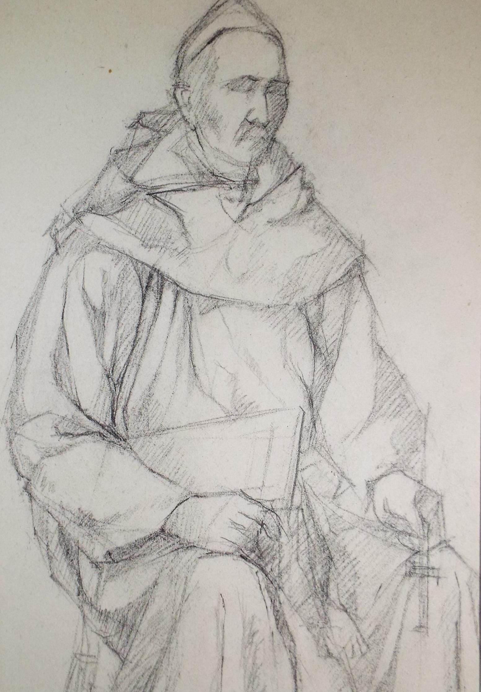 Pencil drawing 'Seated priest', c1950s, C.D. Finley