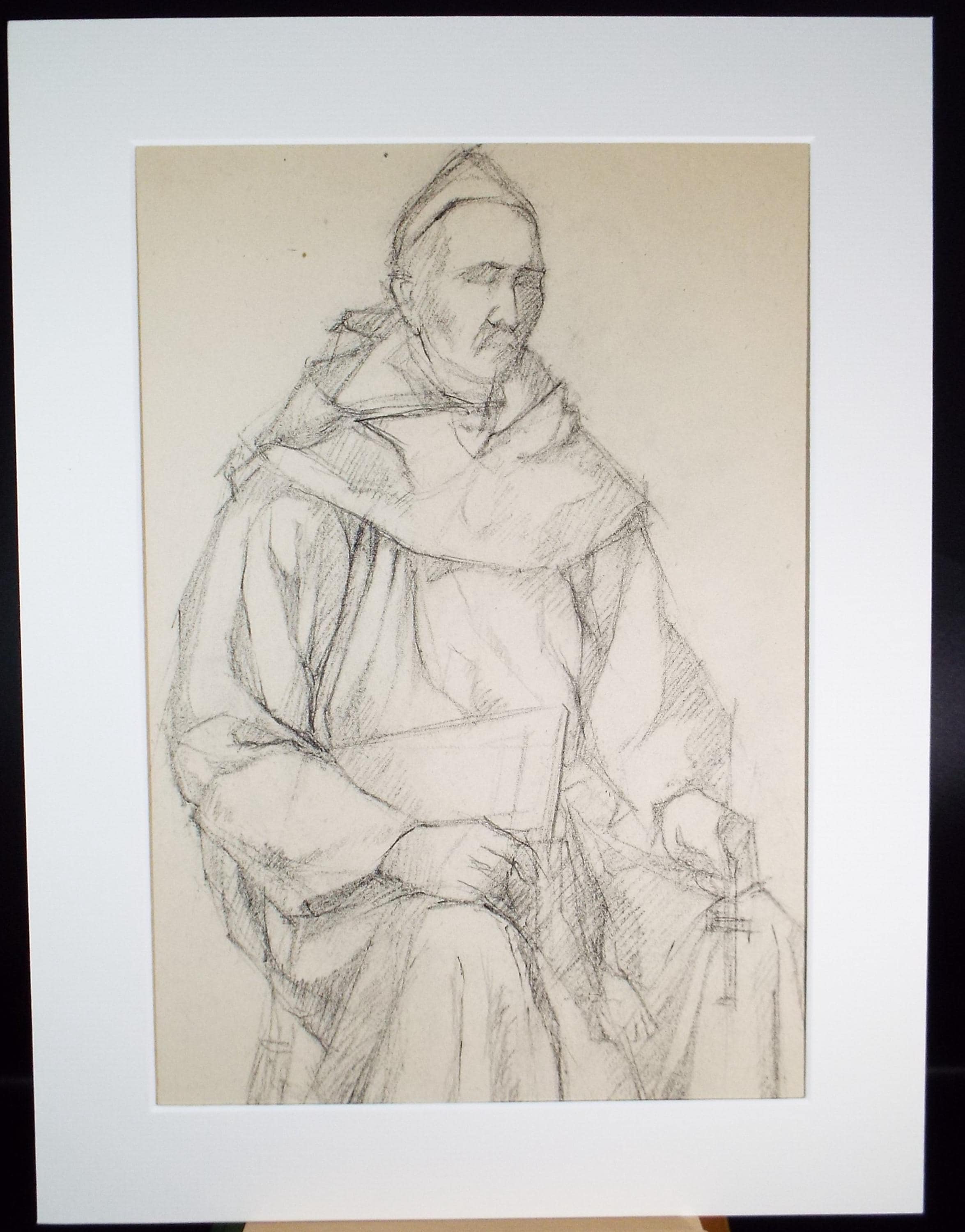 Pencil drawing 'Seated priest', c1950s, C.D. Finley