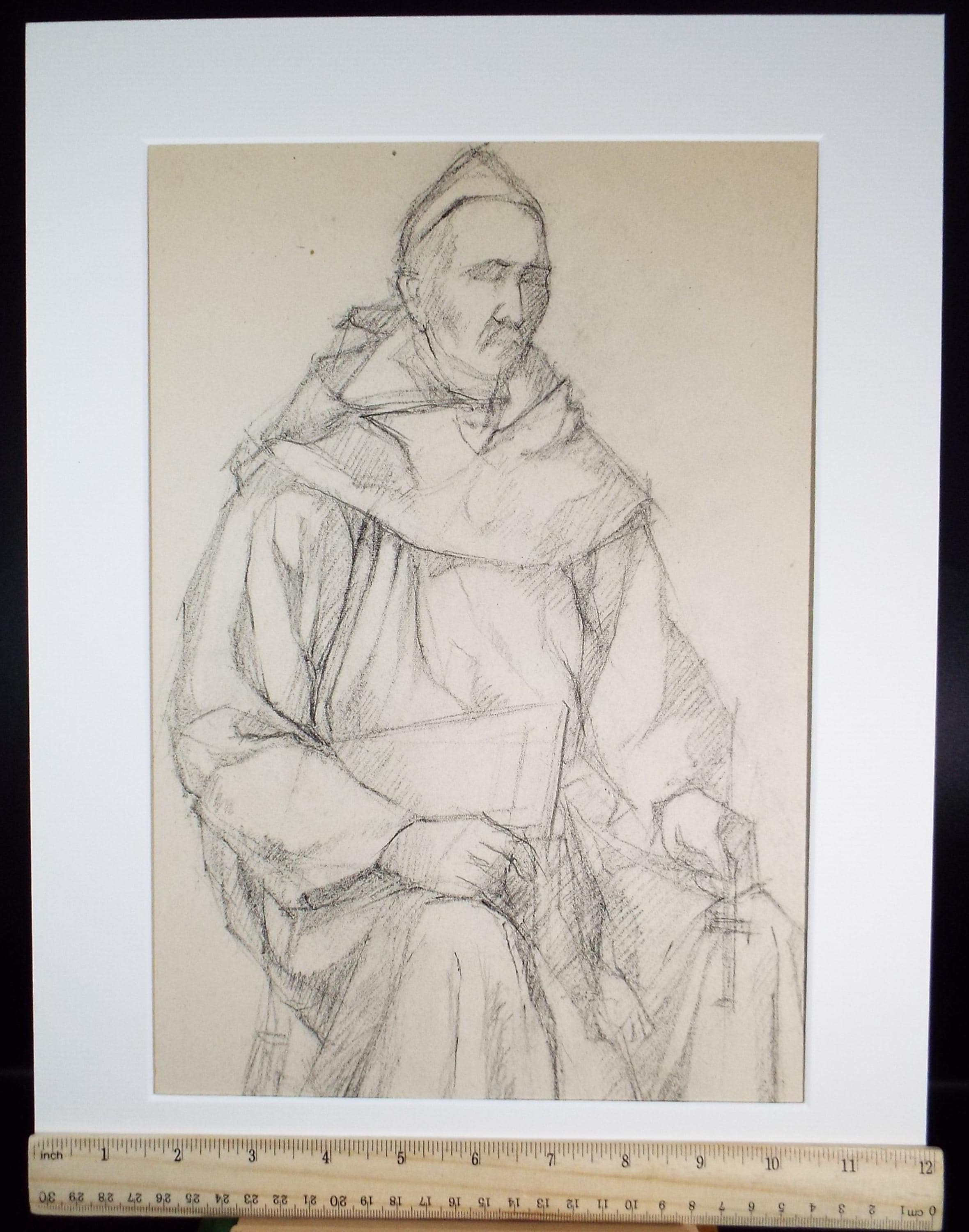 Pencil drawing 'Seated priest', c1950s, C.D. Finley