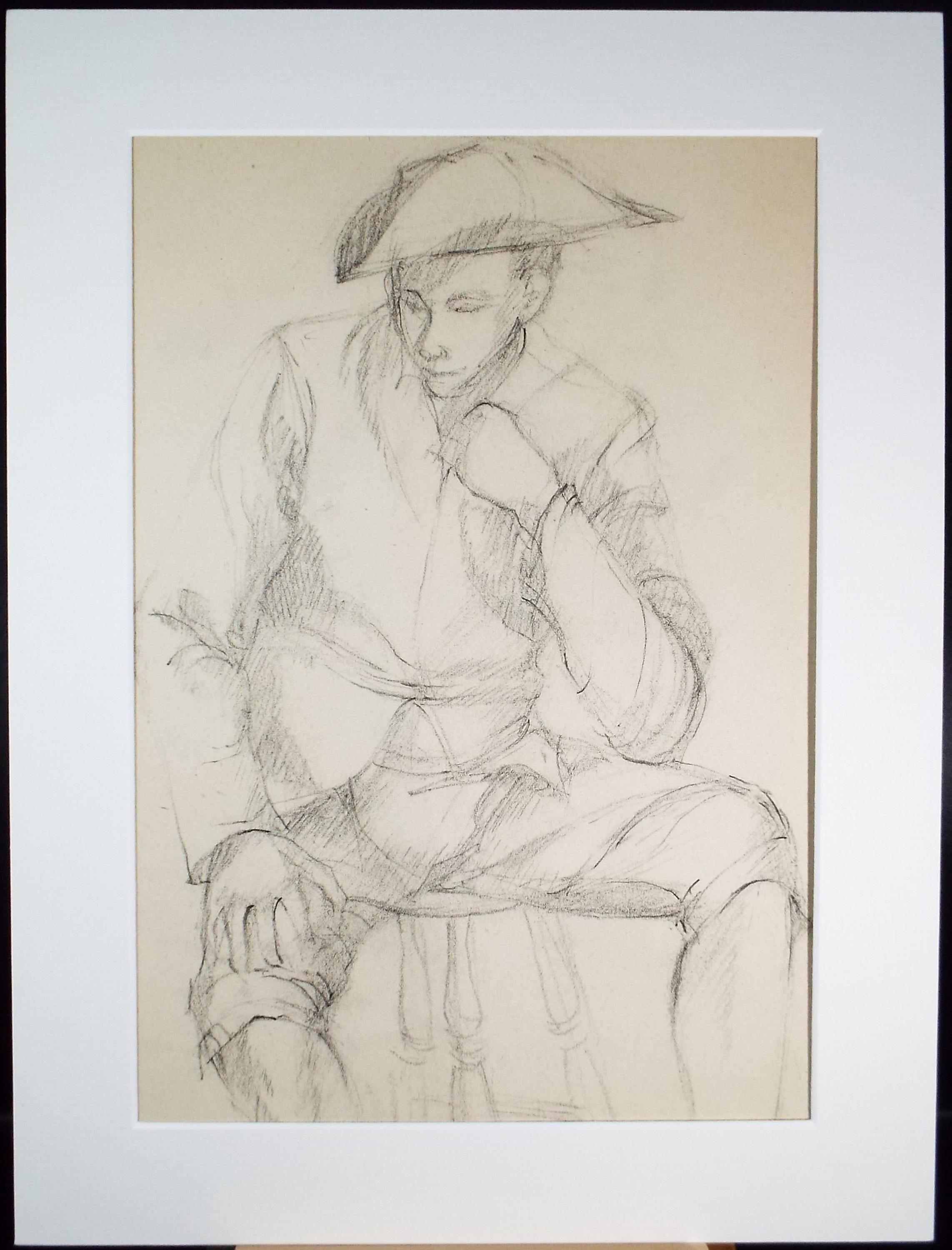 Pencil drawing, 'Figure in a Tricorn hat', c1950s, C.D. Finley