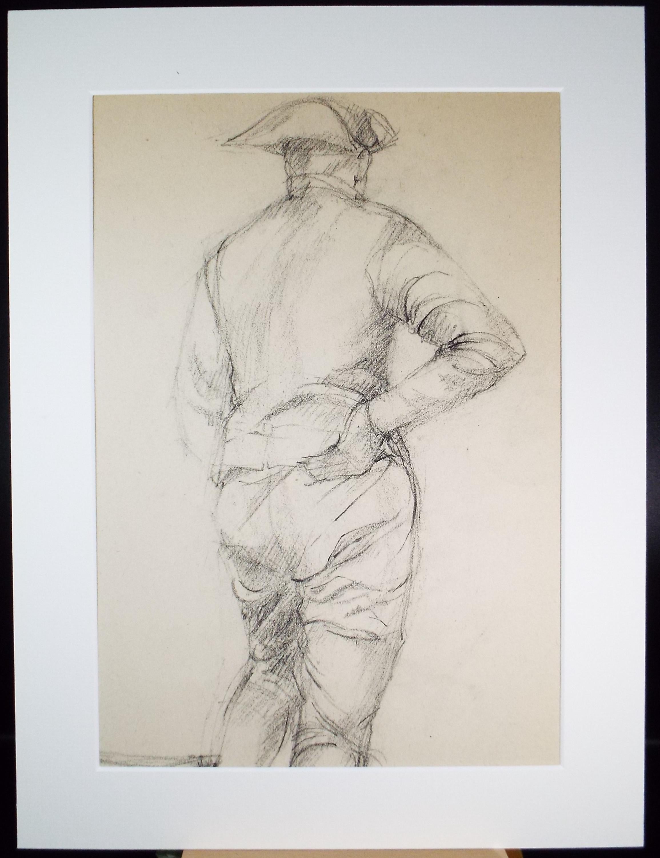 Pencil drawing, 'Figure in a Tricorn hat - from rear', c1950s, C.D. Finley