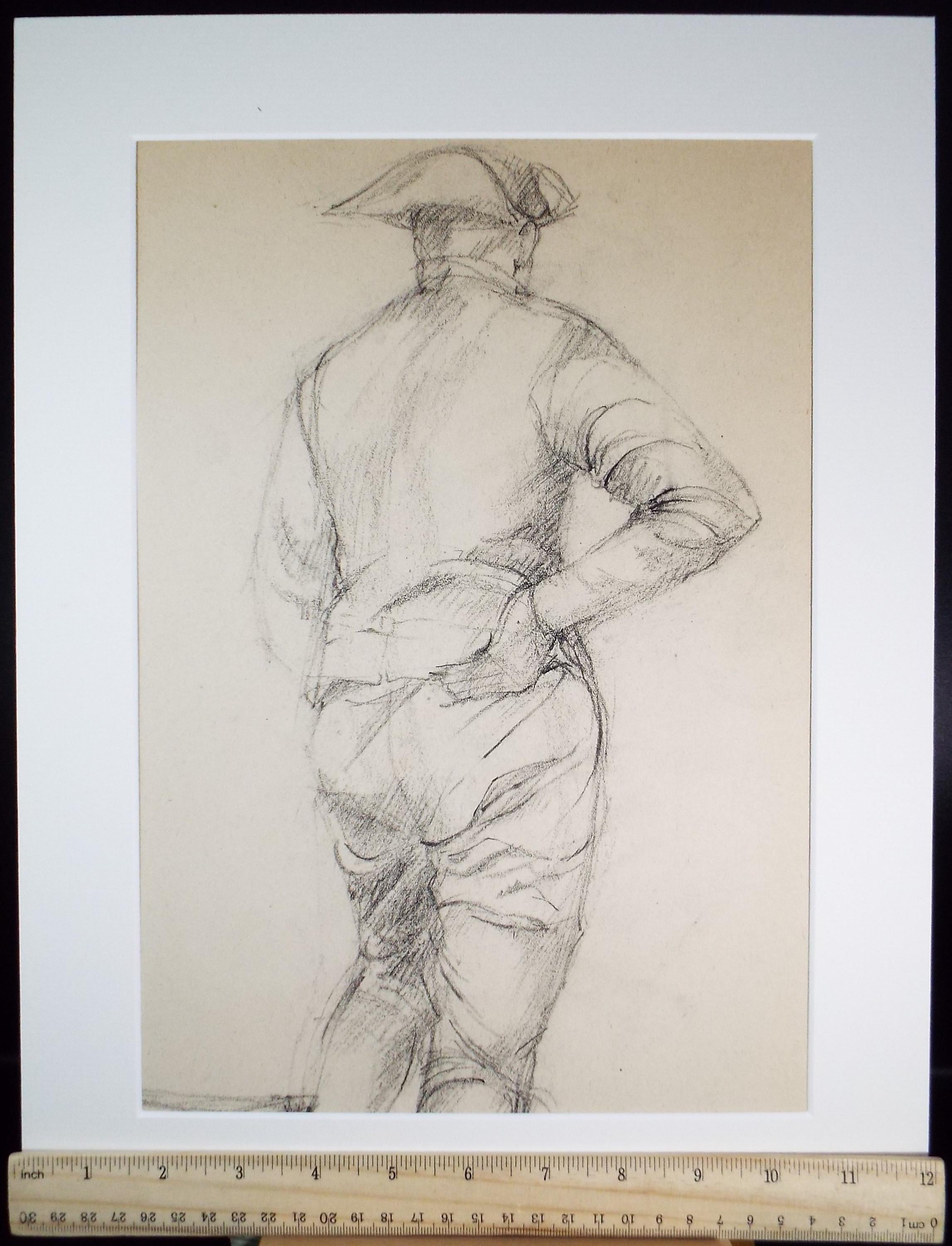Pencil drawing, 'Figure in a Tricorn hat - from rear', c1950s, C.D. Finley