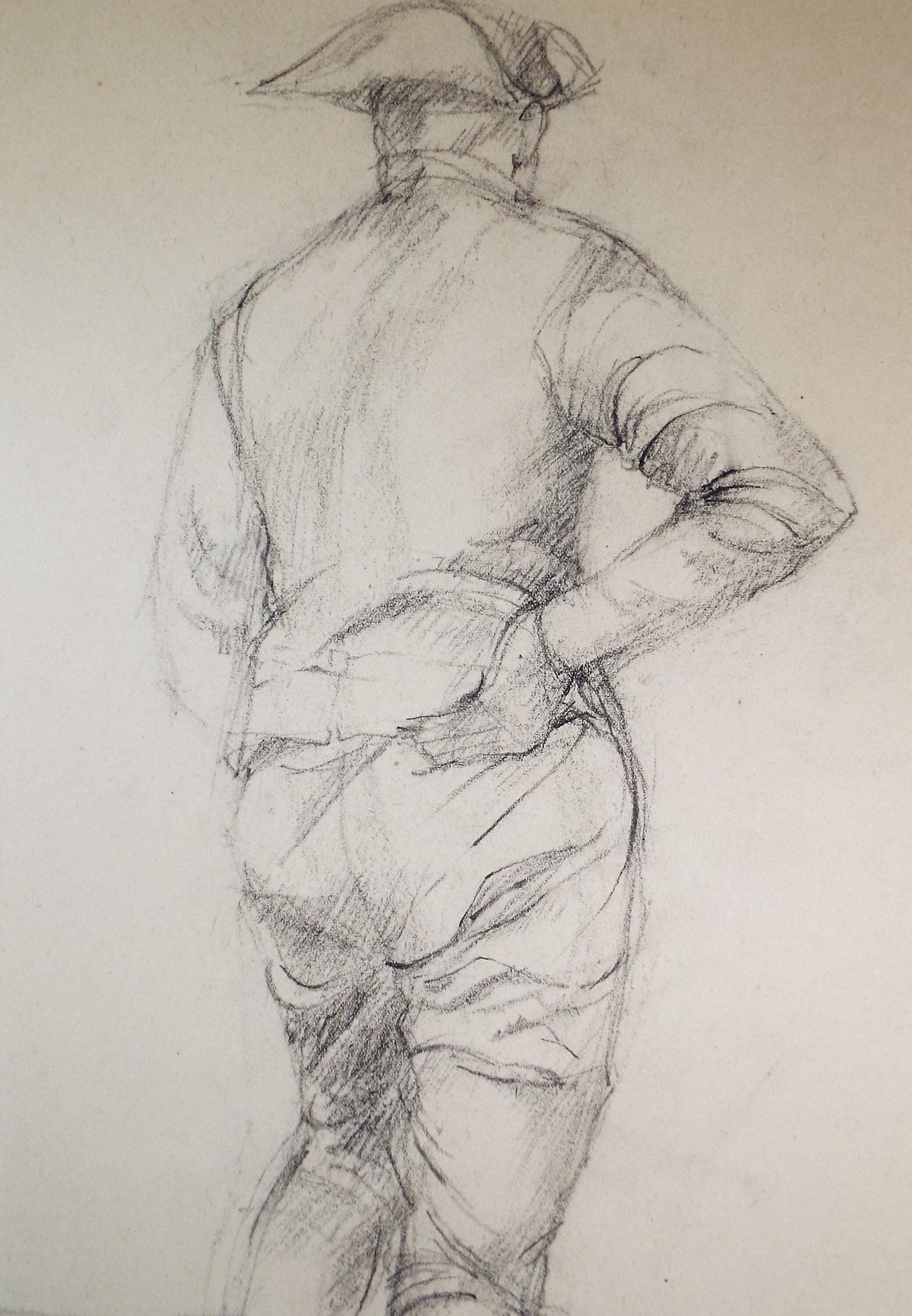Pencil drawing, 'Figure in a Tricorn hat - from rear', c1950s, C.D. Finley