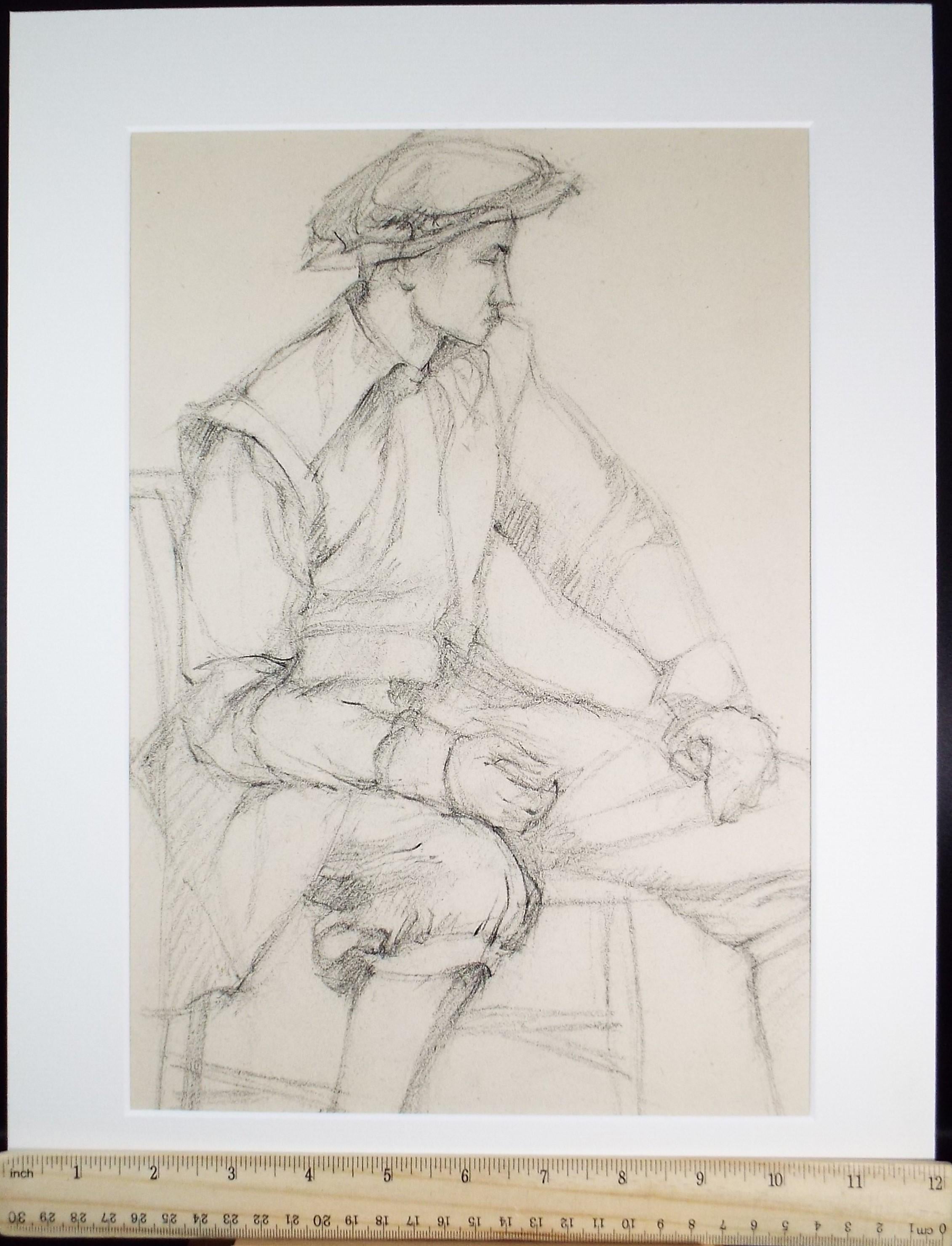 Pencil drawing 'Seated figure in Elizabethan dress', c1950s, C.D. Finley