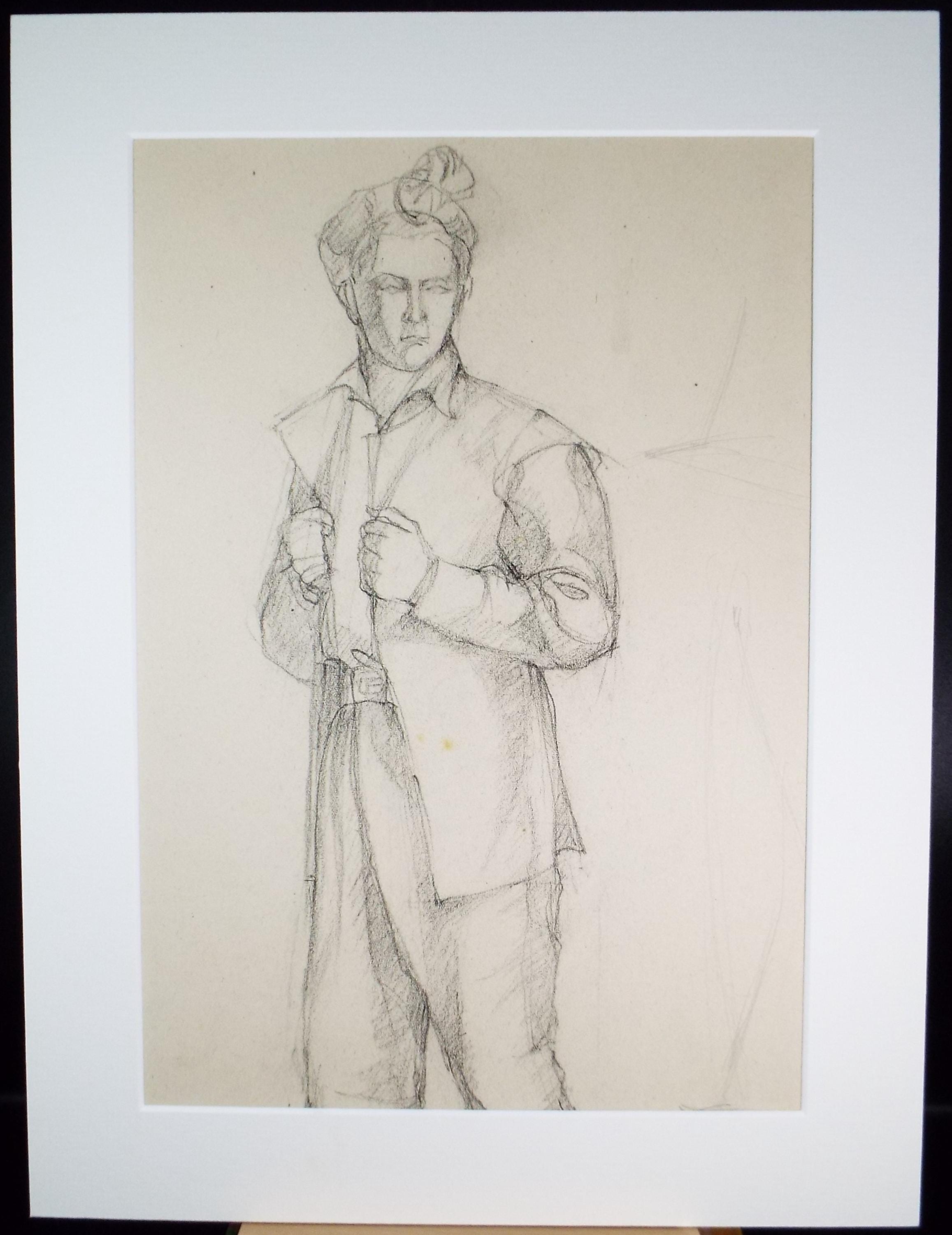 Pencil drawing, 'Man wearing a Tengkolok', c1950s, C.D. Finley