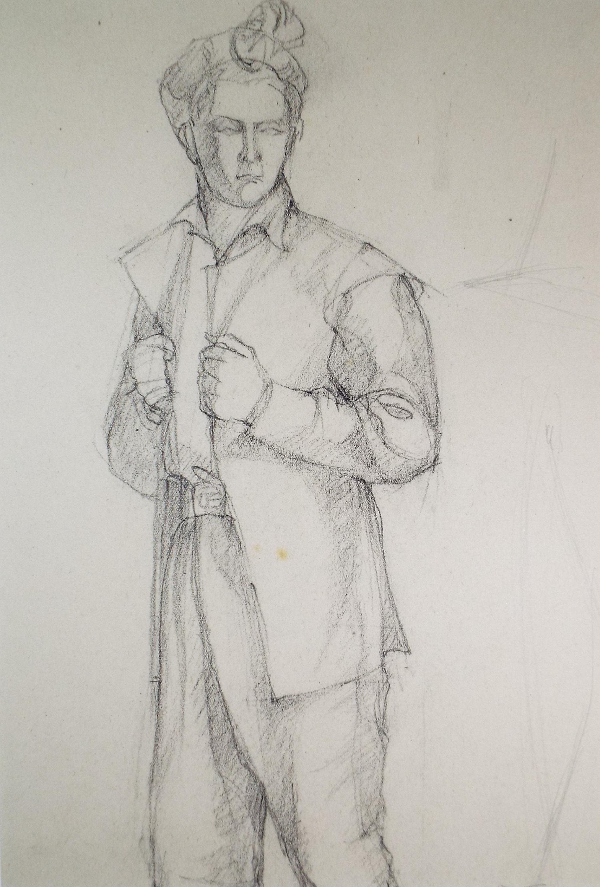 Pencil drawing, 'Man wearing a Tengkolok', c1950s, C.D. Finley