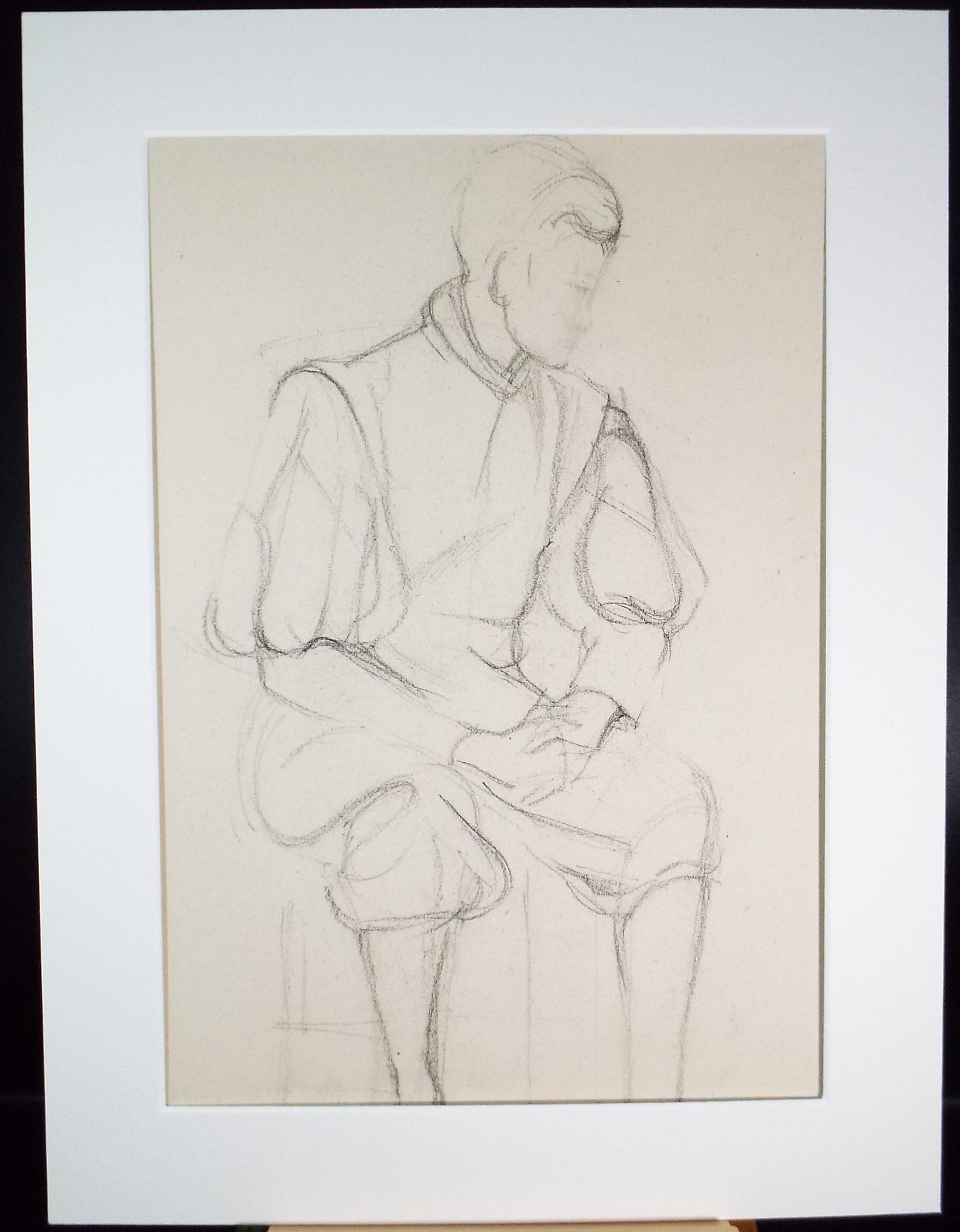 Pencil drawing 'Seated figure in Elizabethan dress', c1950s, C.D. Finley