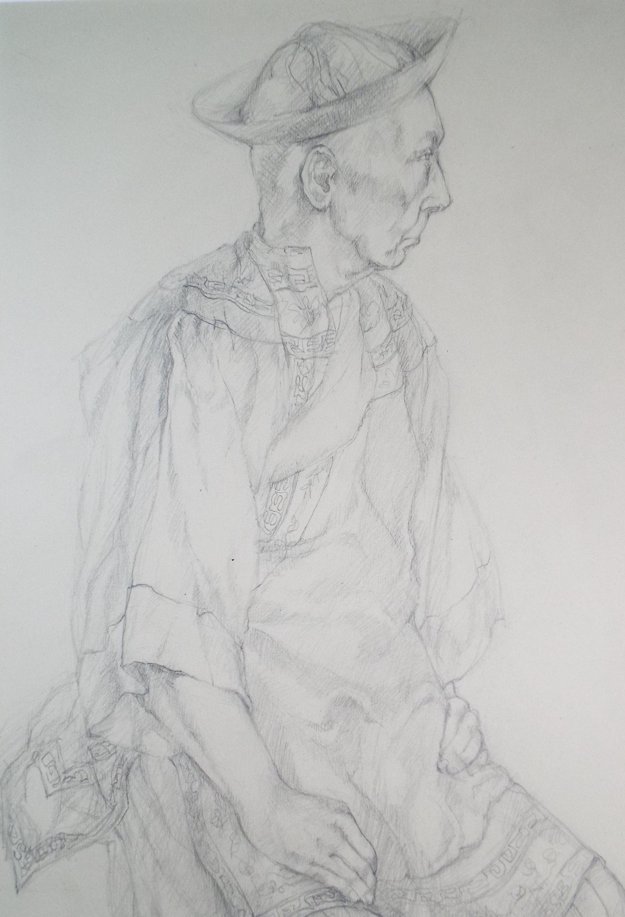 Pencil drawing 'Figure in oriental dress', c1950s, C.D. Finley