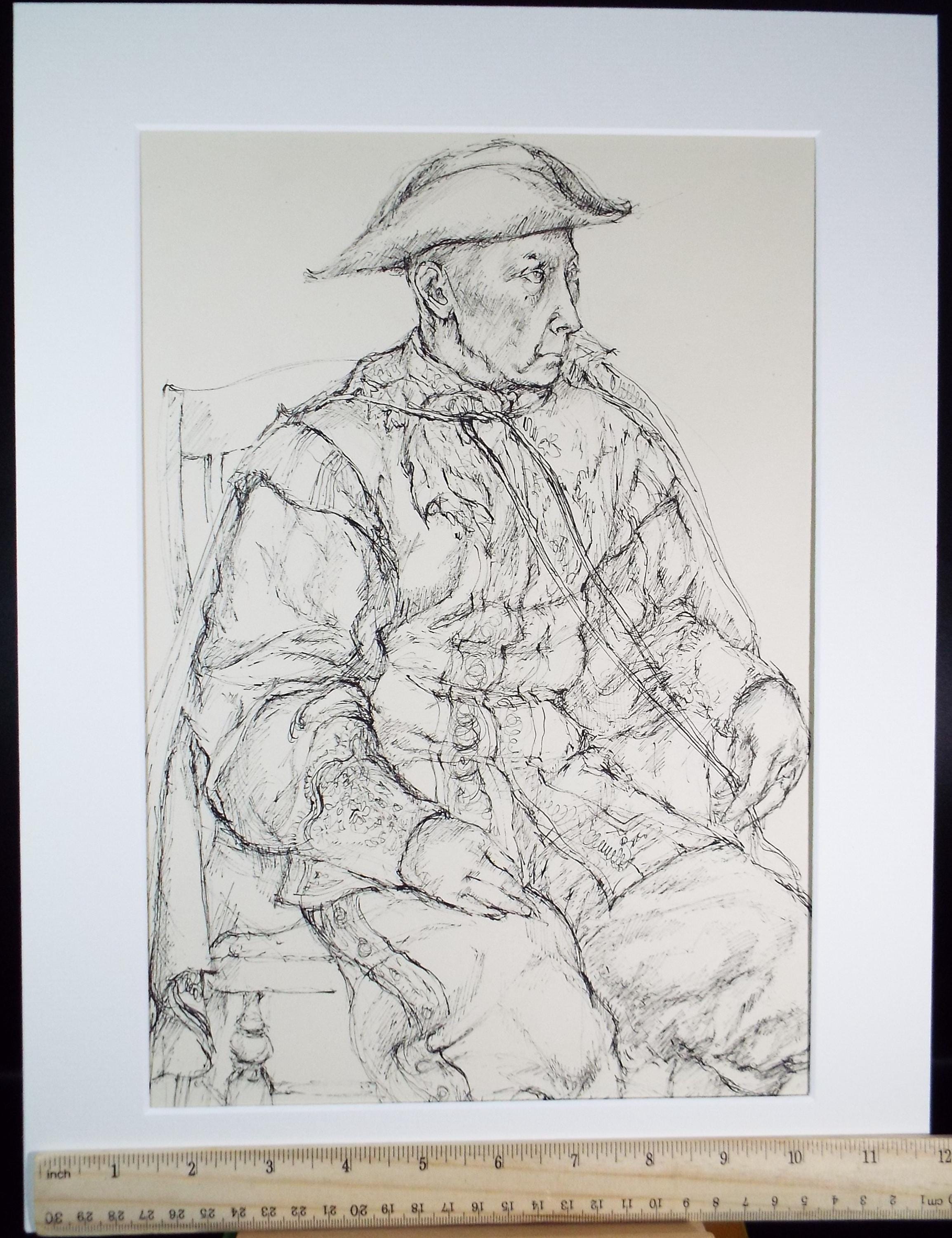 Pen & ink drawing, 'Seated figure in a tricorn hat', c1950s, C.D. Finley