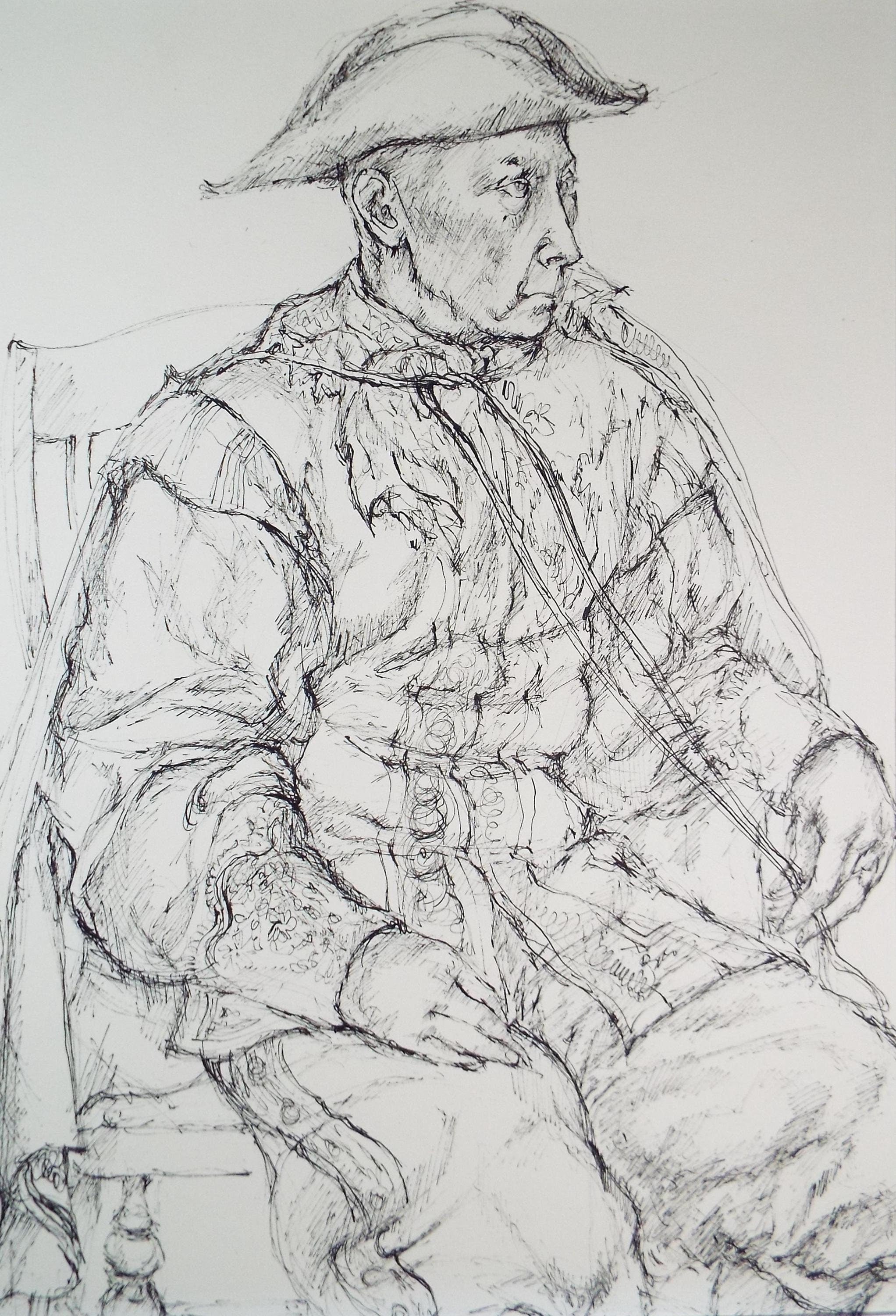 Pen & ink drawing, 'Seated figure in a tricorn hat', c1950s, C.D. Finley