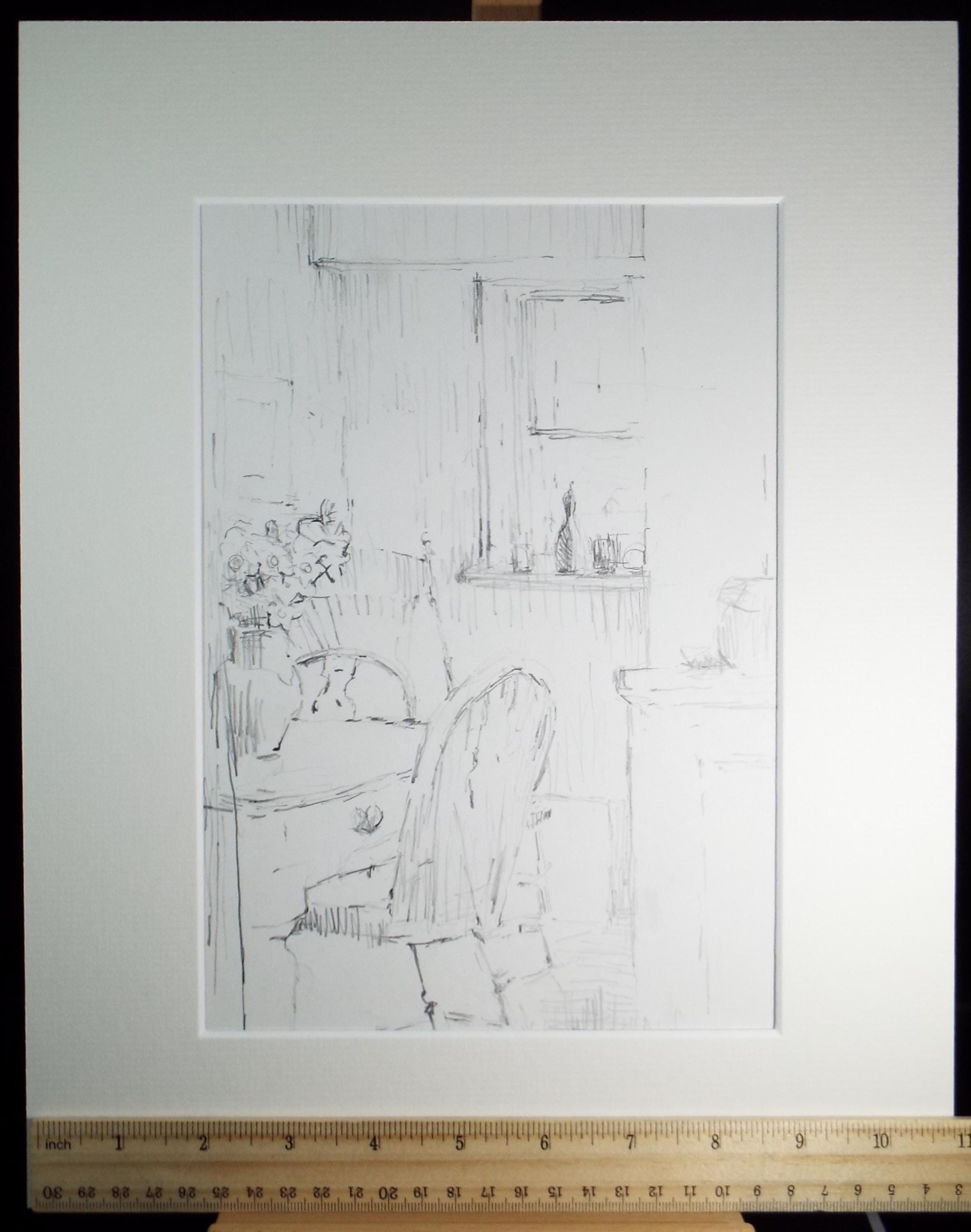 Original Pencil drawing, 'Interior Study', 1990's, Mariota Bosanquet 1923 -2022