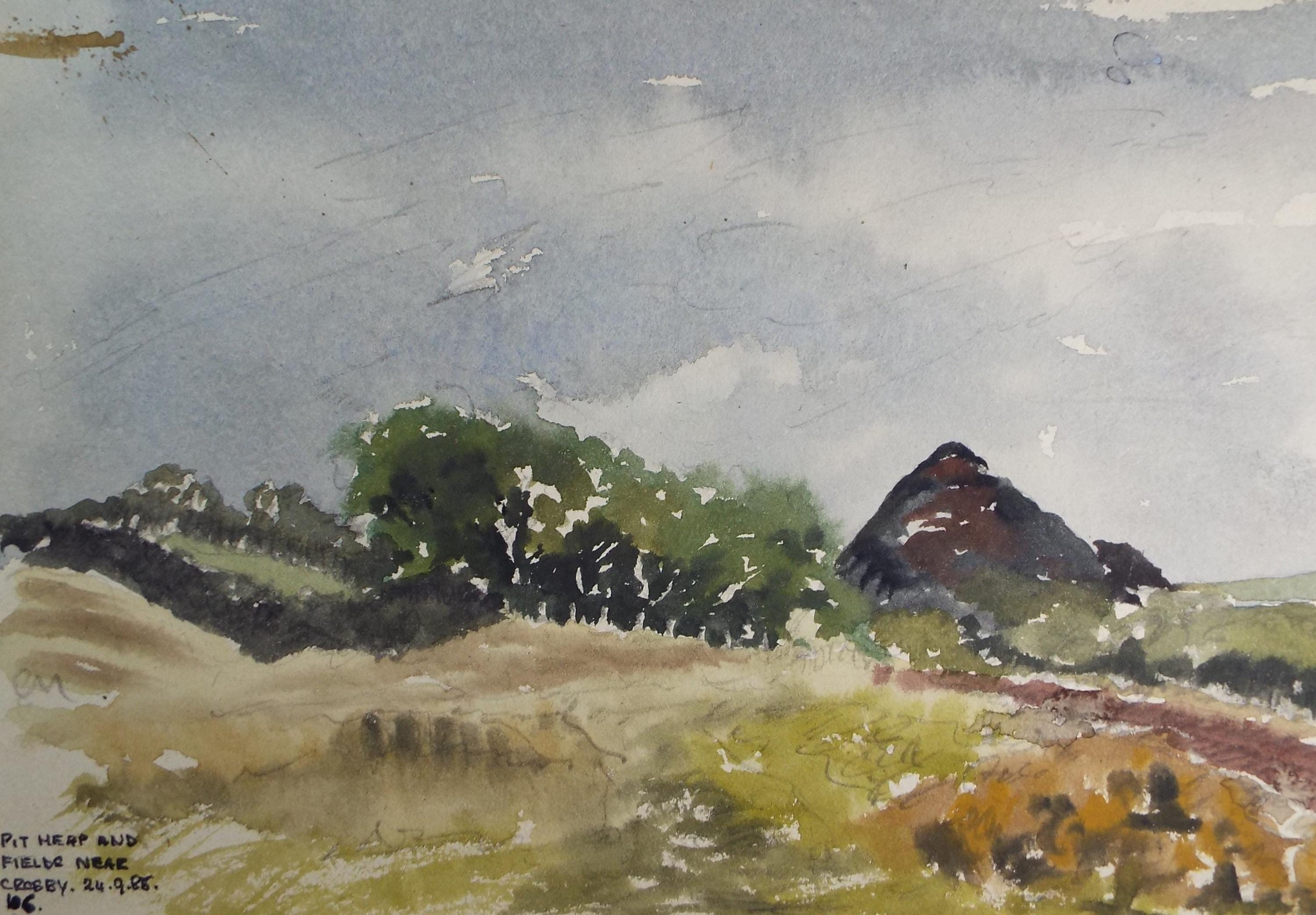 Original Watercolour, 'Pit Heap, near Crosby', Artist Unknown, dated 1985