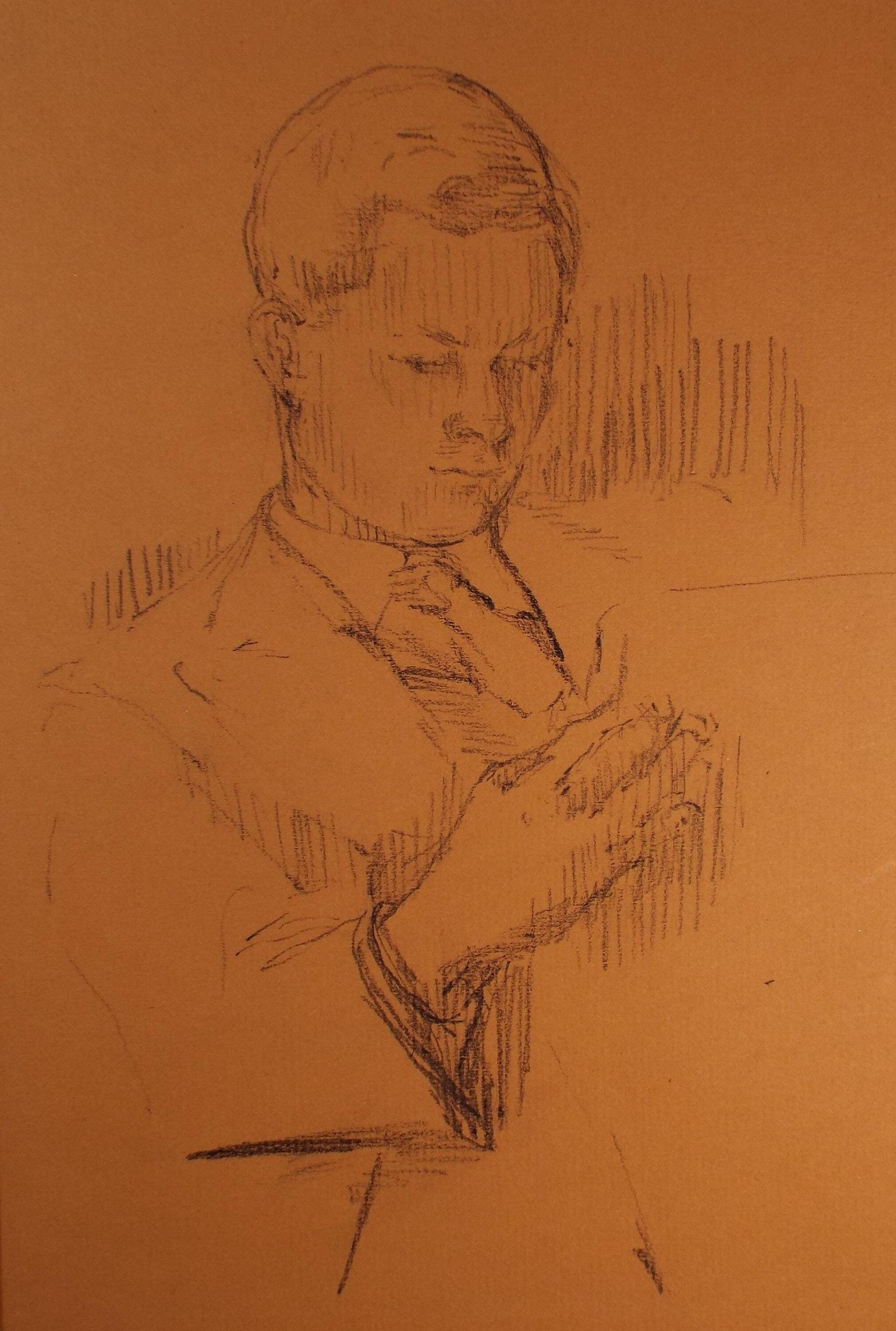 Original Pastel Sketch,'Gentleman Reading', Hilda Burford (1887-1957), 1950's