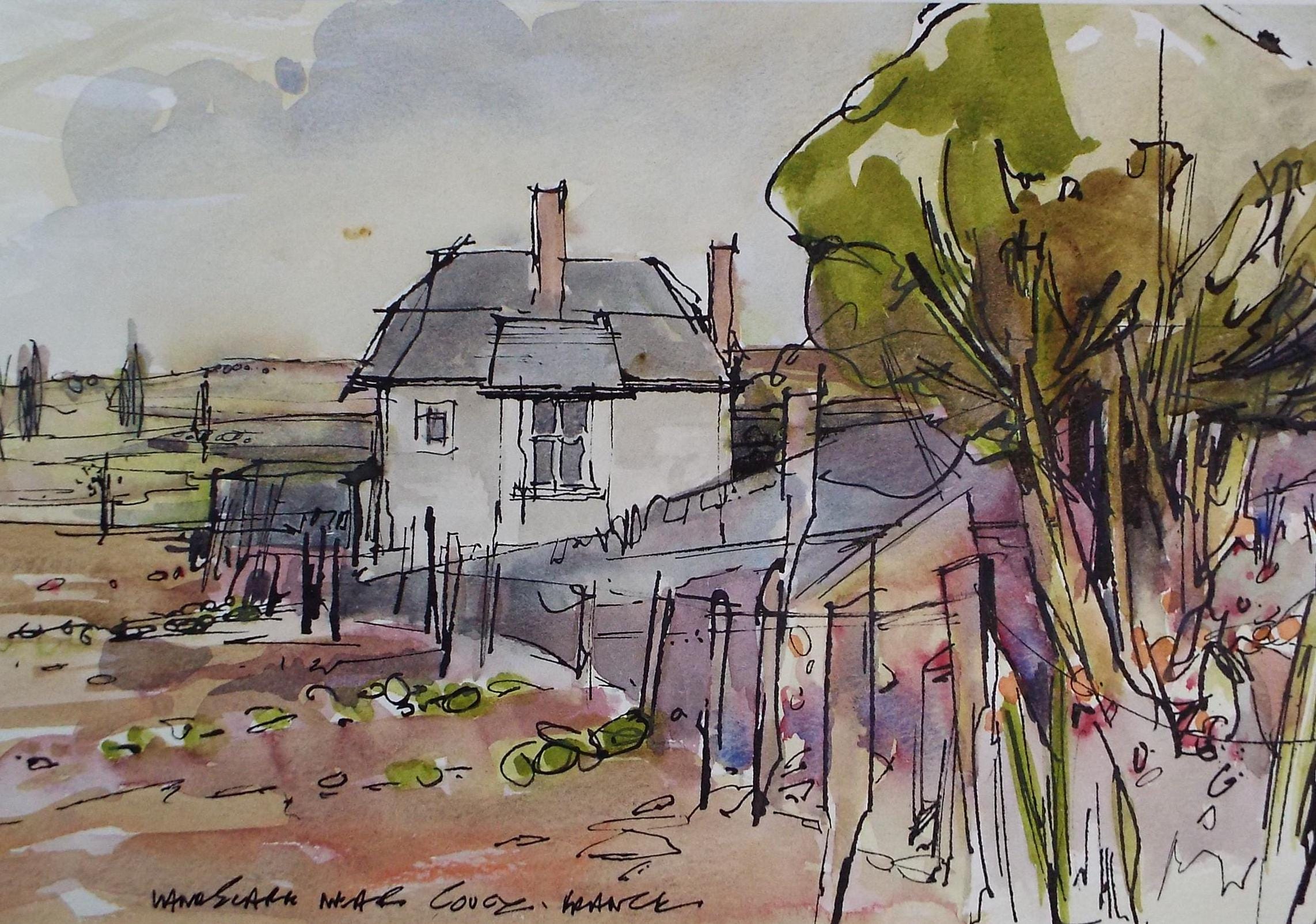 Original Watercolour drawing , 'Near Coucy', John Hambleton Holdcroft (1926-2014), Circa 1970's
