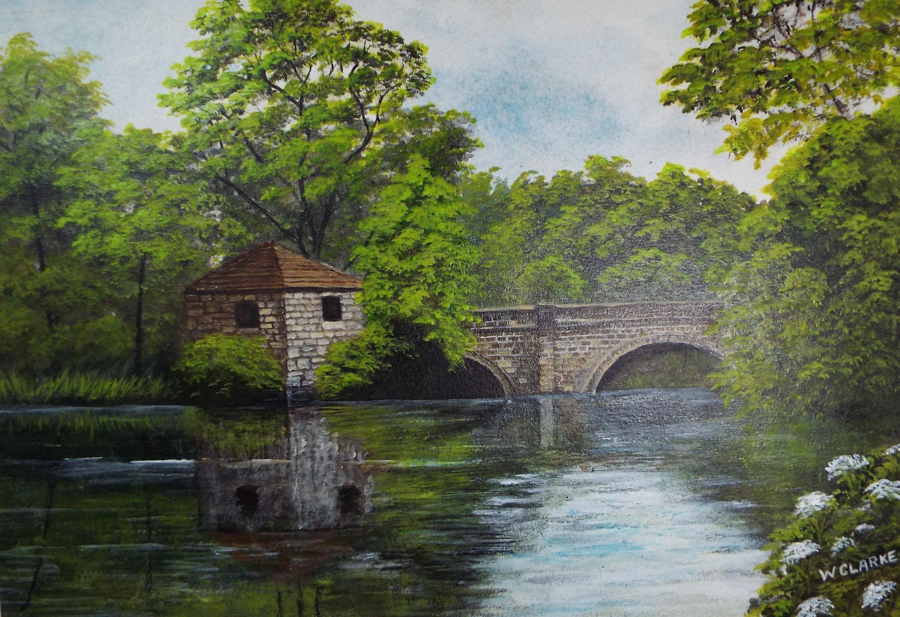 Original Watercolour & Gouache, 'River view with Bridge', c1970s, W Clarke