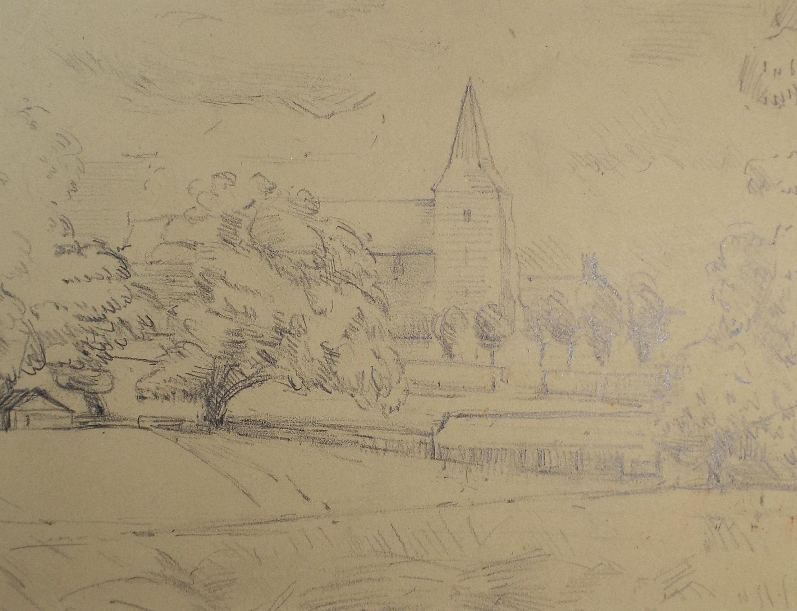 Original Pencil Drawing, 'Church in a Landscape', 1950's, Mariota Bosanquet