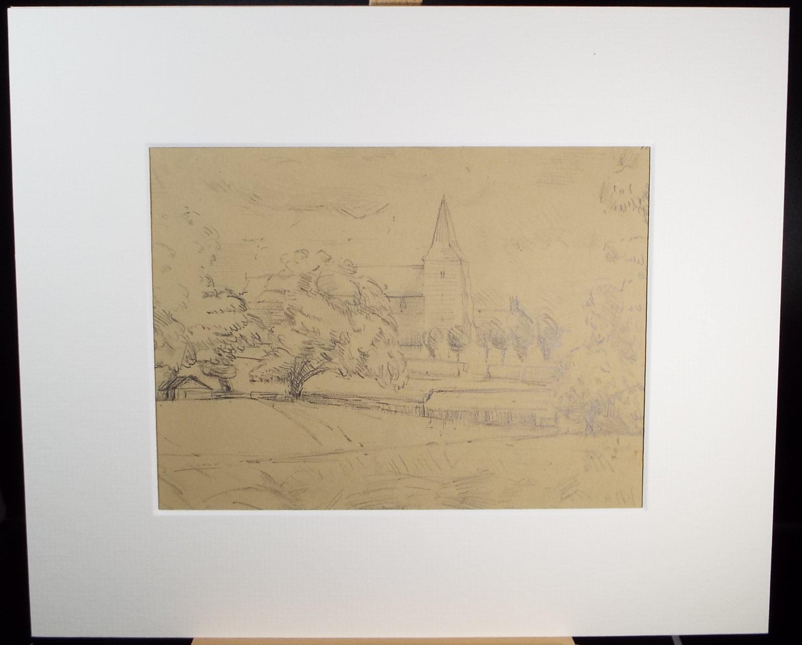 Original Pencil Drawing, 'Church in a Landscape', 1950's, Mariota Bosanquet