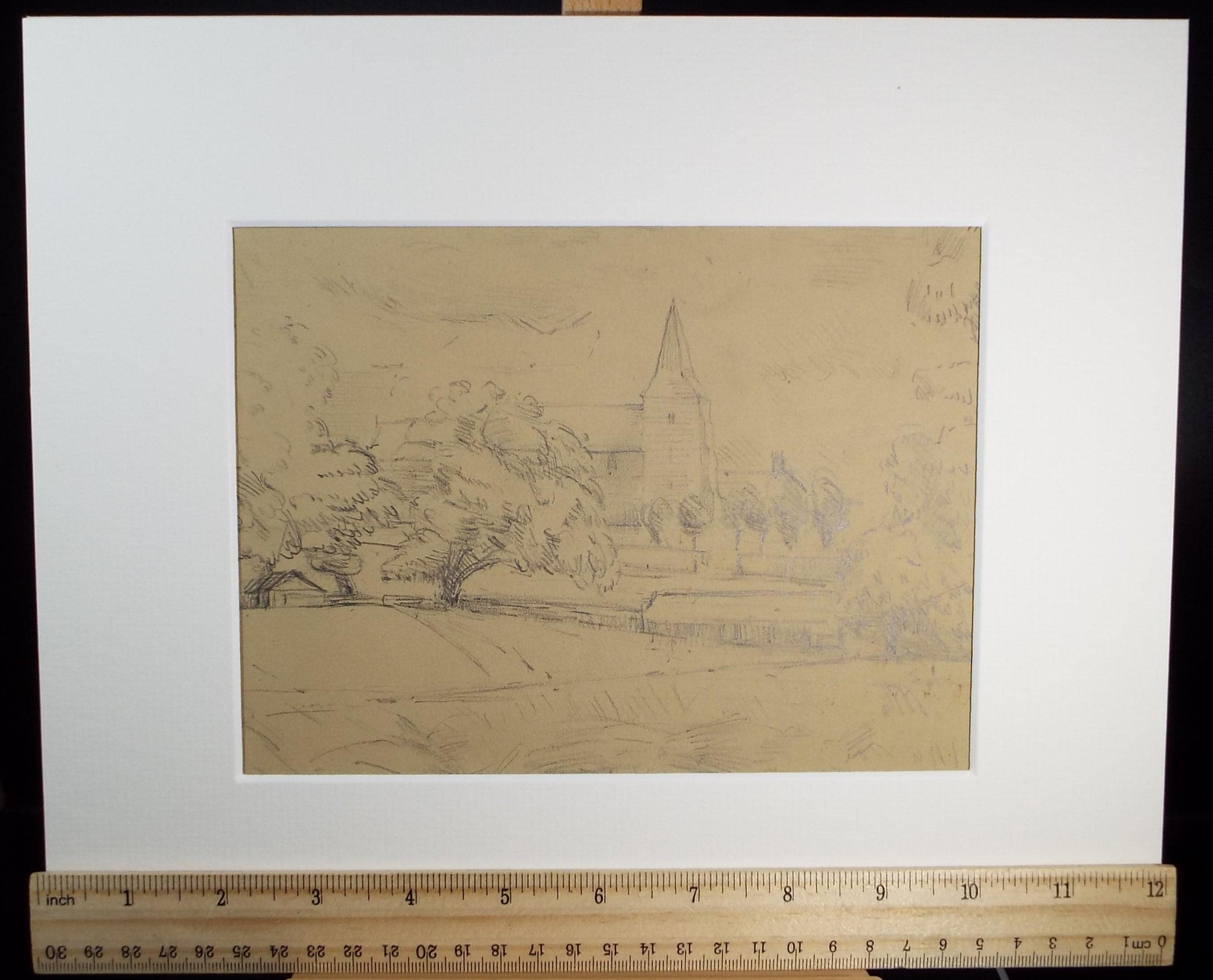 Original Pencil Drawing, 'Church in a Landscape', 1950's, Mariota Bosanquet