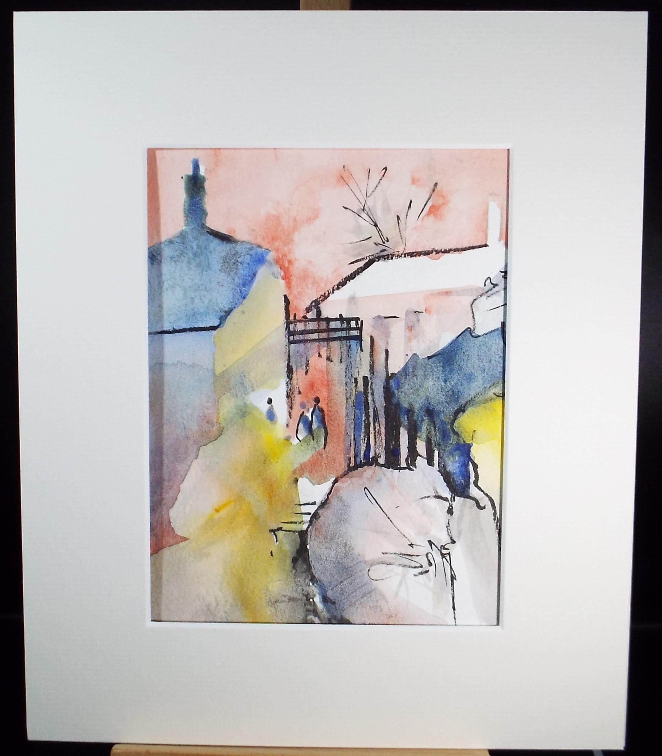 Original Watercolour, 'Street with Figures', June Bevan, c1990's