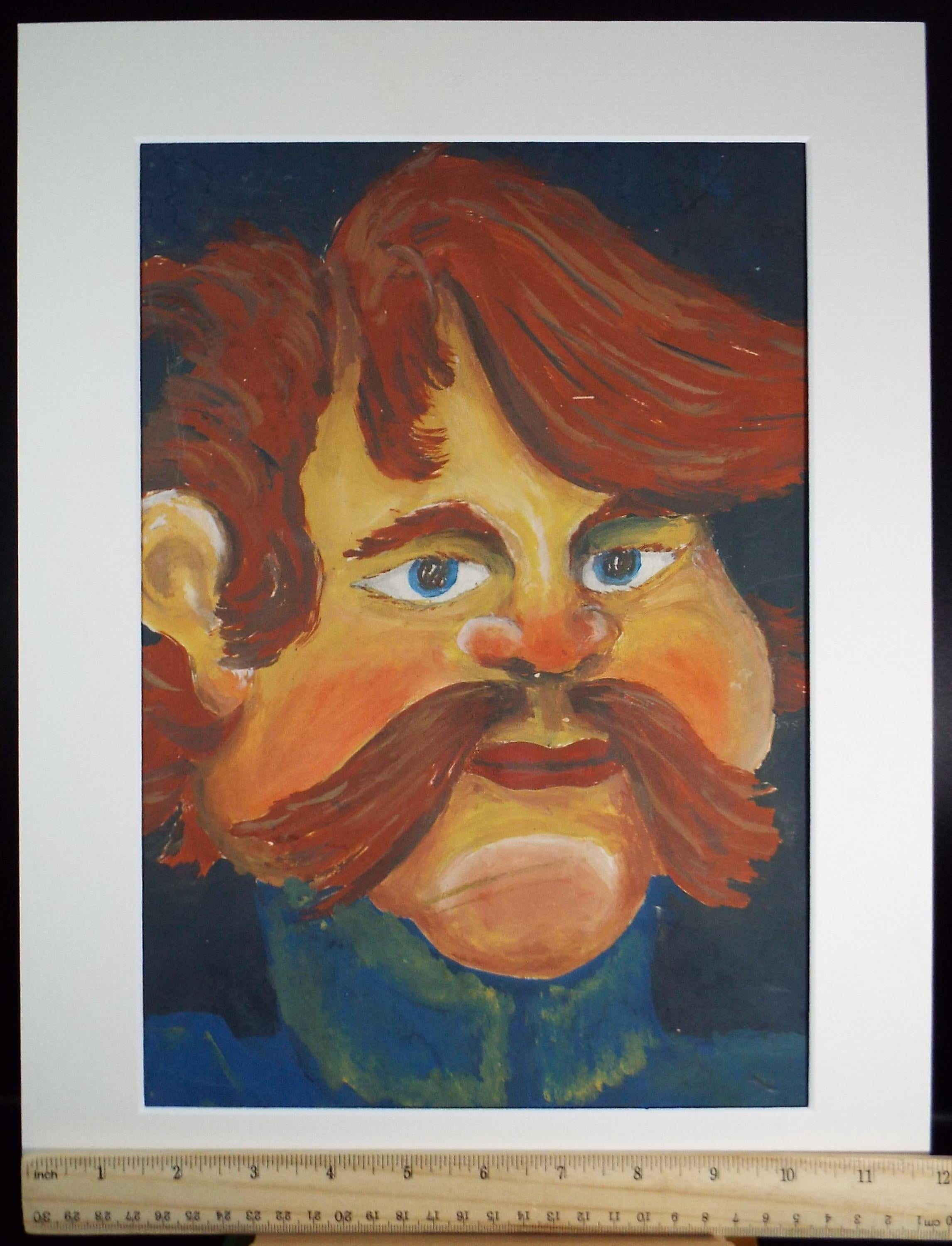 Original Watercolour & Gouache, 'Man with a Moustache',c1970's, Artist Unknown