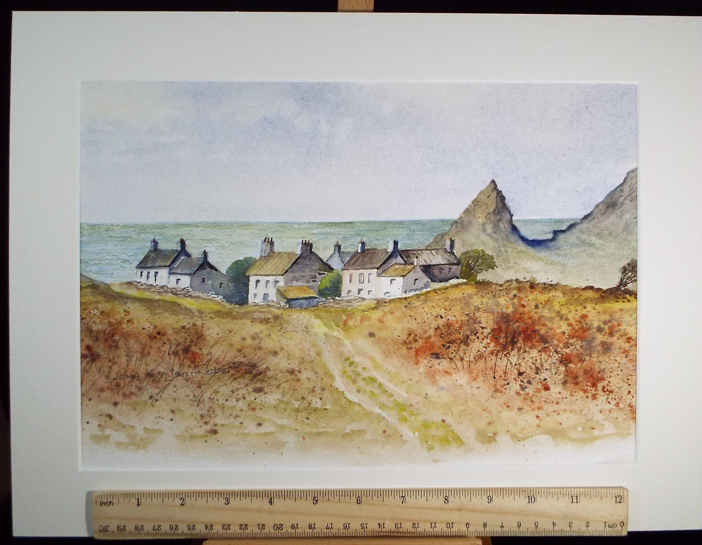 Original Watercolour, 'Cottages by the sea', John Kenyon Roberts, circa 1990's