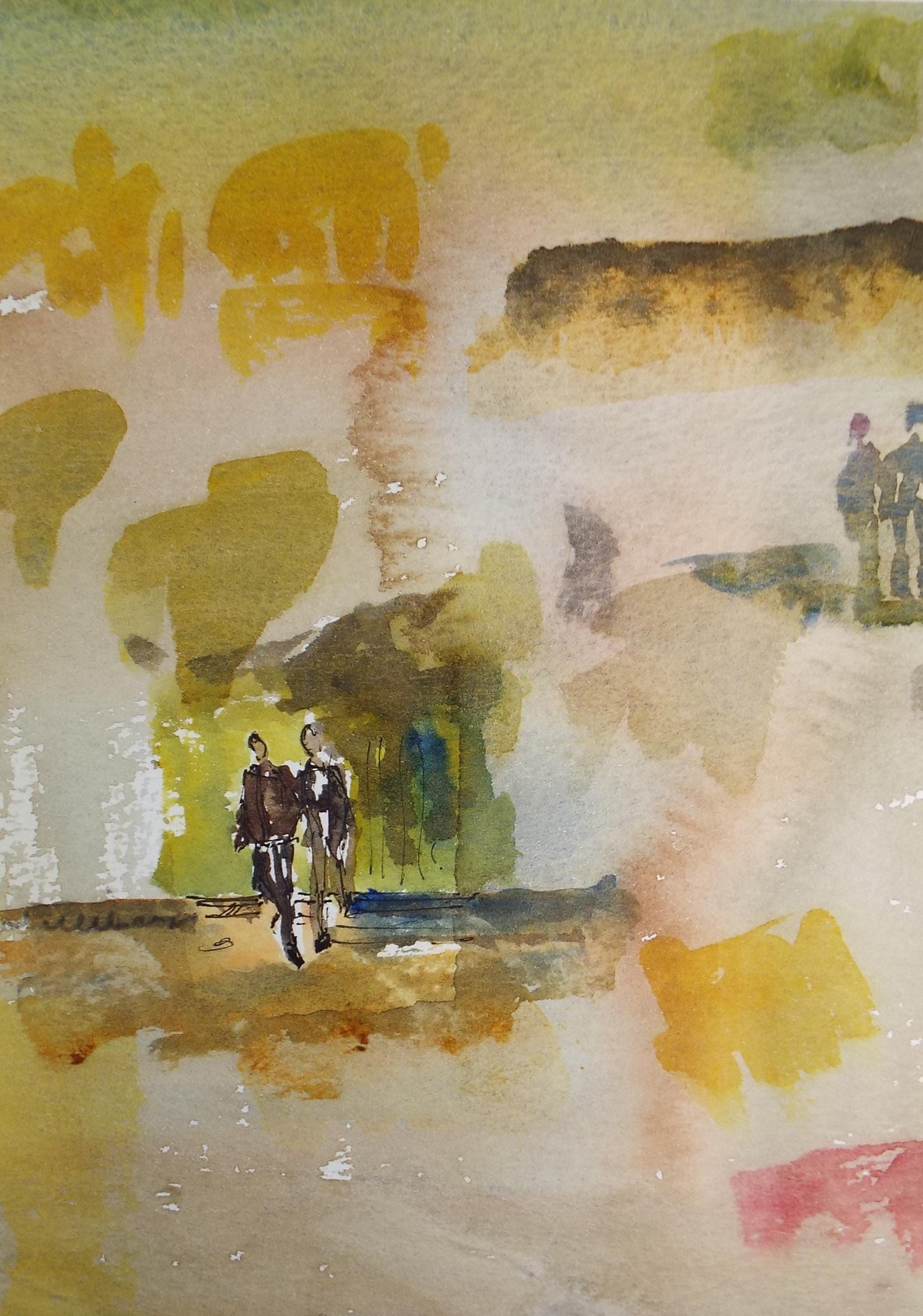 Original Watercolour, 'Figures in a Landscape', June Bevan, c1990's