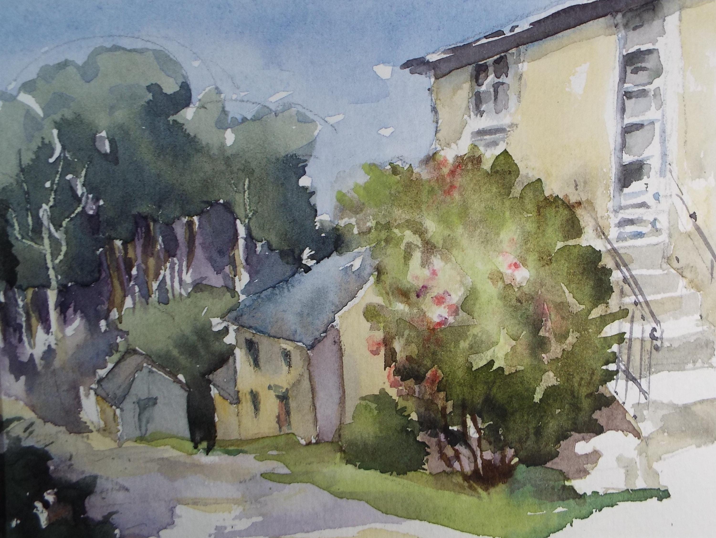 Original Watercolour, 'Houses on a Hill', June Bevan, c1990's