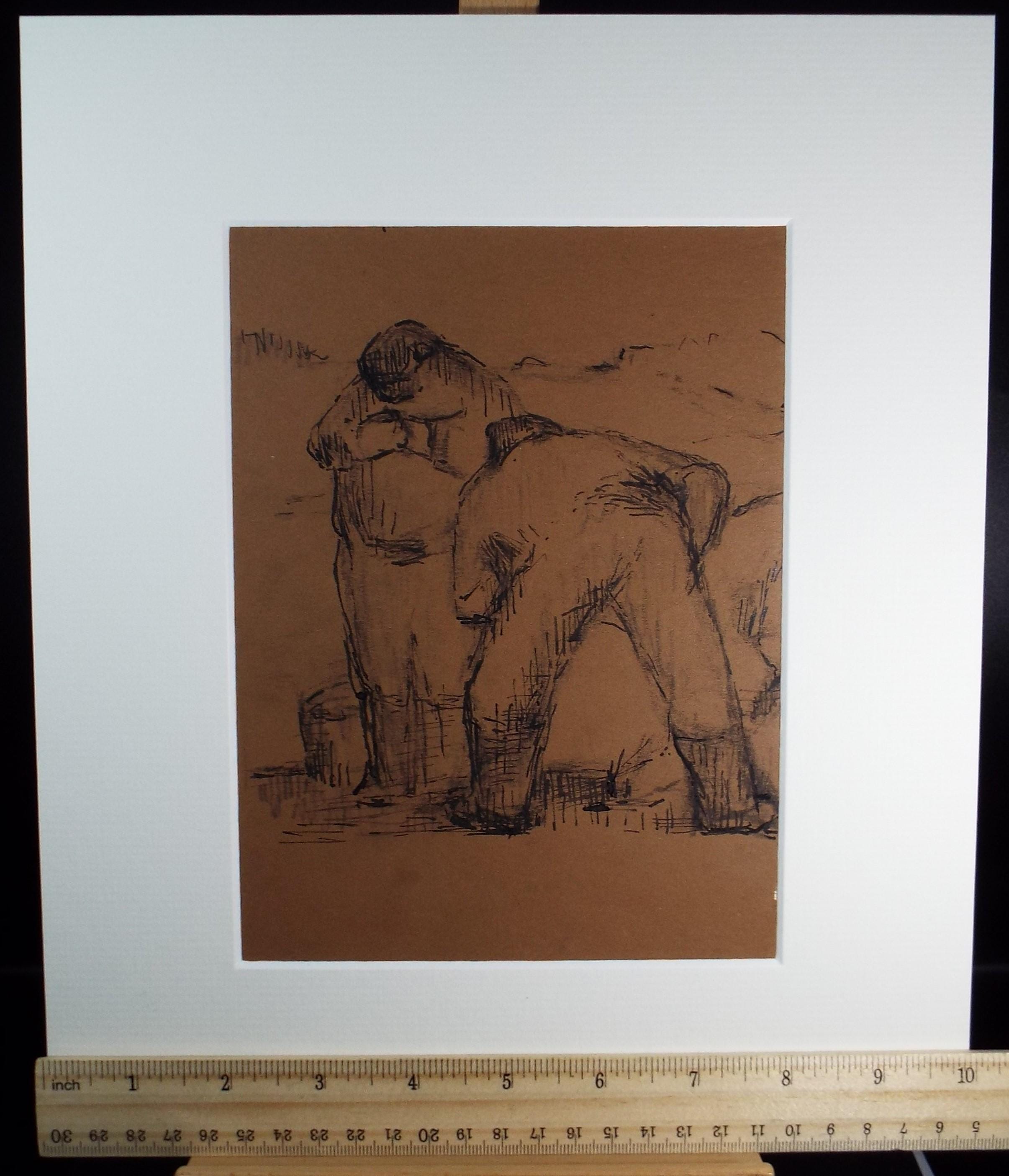 Original Pen & Ink, 'Two Farm workers', 1990's, Mariota Bosanquet 1923 -2022