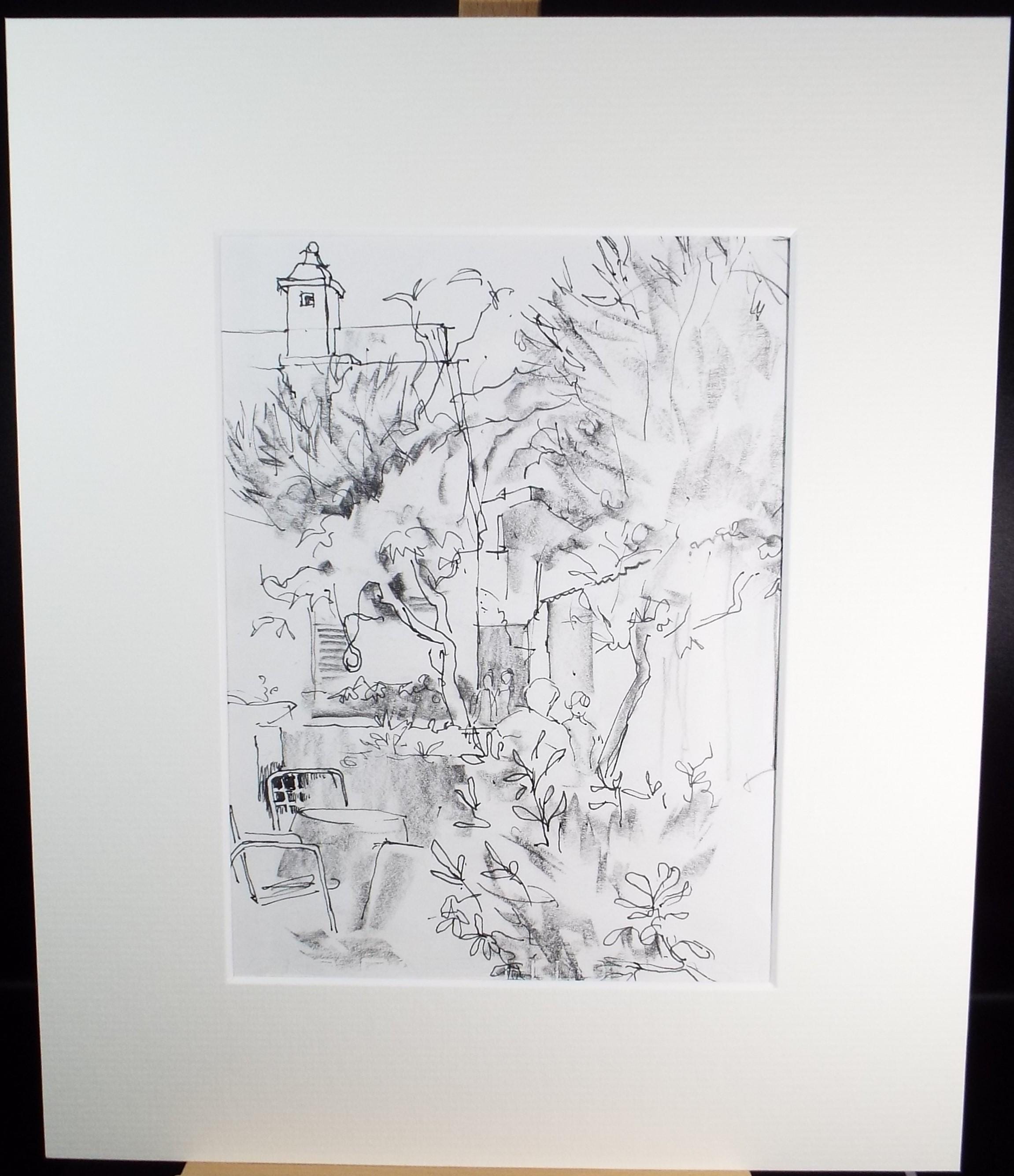 Original Pen & Ink, Garden with Figures', 1980's, Michael Stone b1922