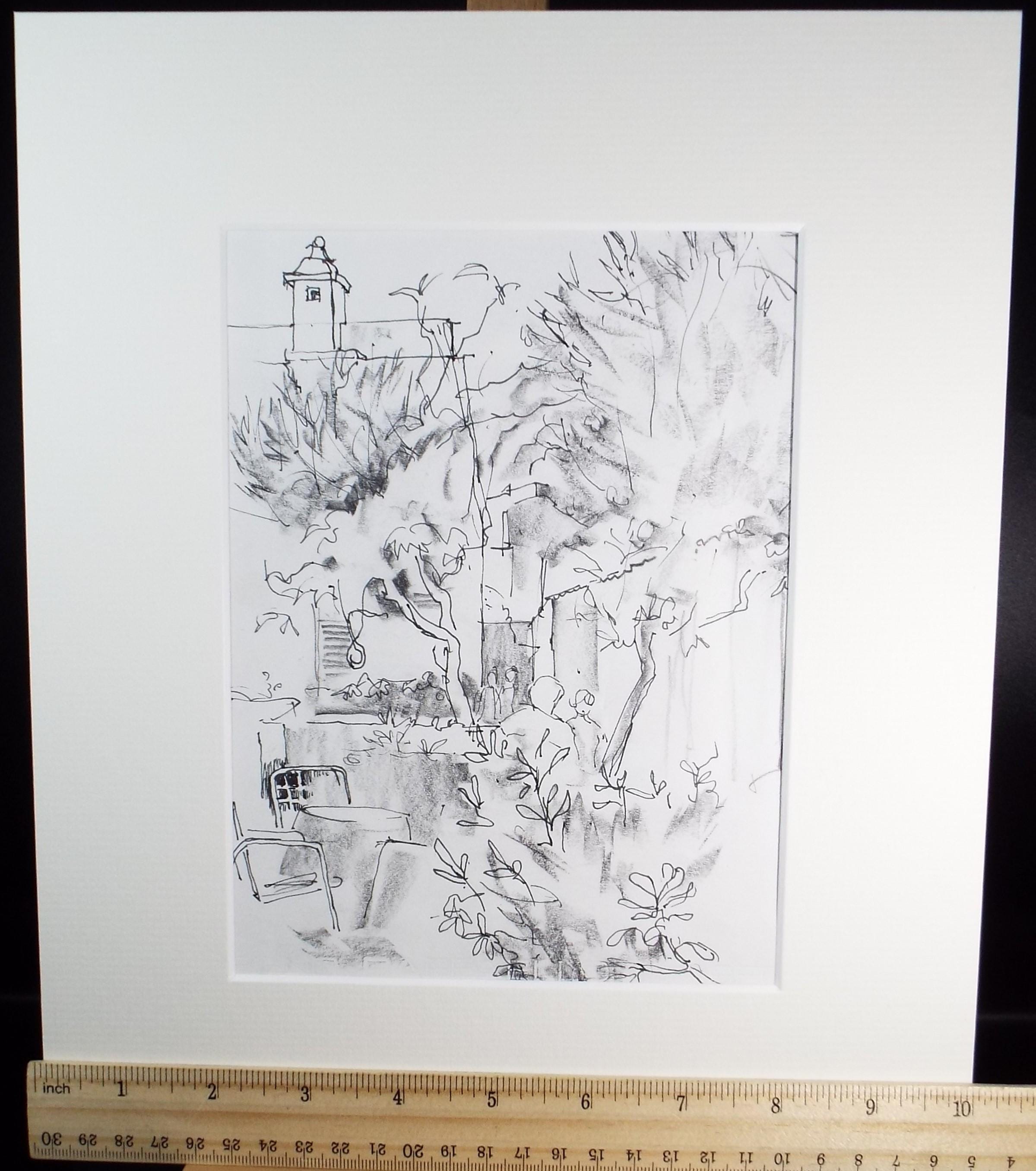 Original Pen & Ink, Garden with Figures', 1980's, Michael Stone b1922
