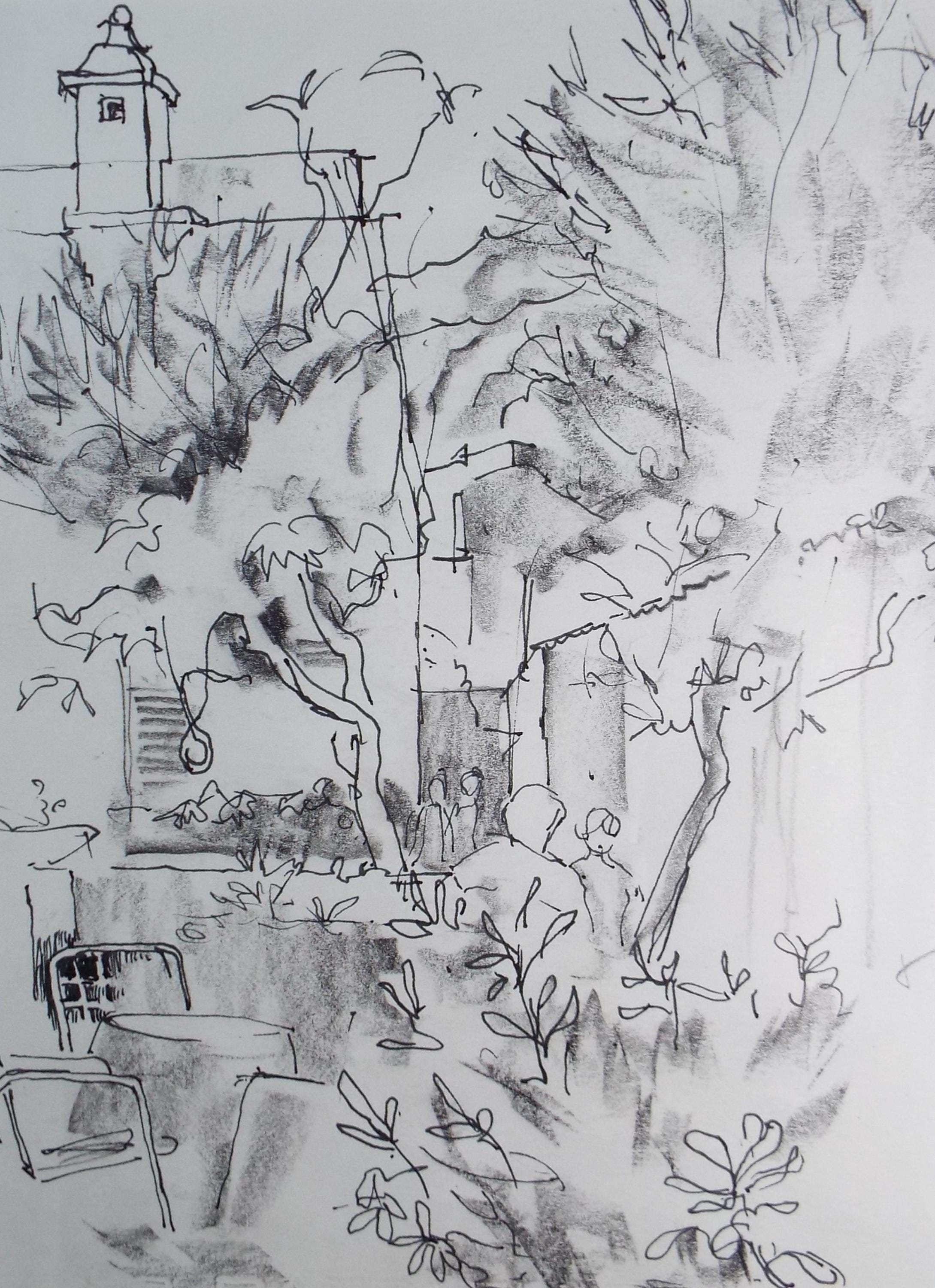 Original Pen & Ink, Garden with Figures', 1980's, Michael Stone b1922