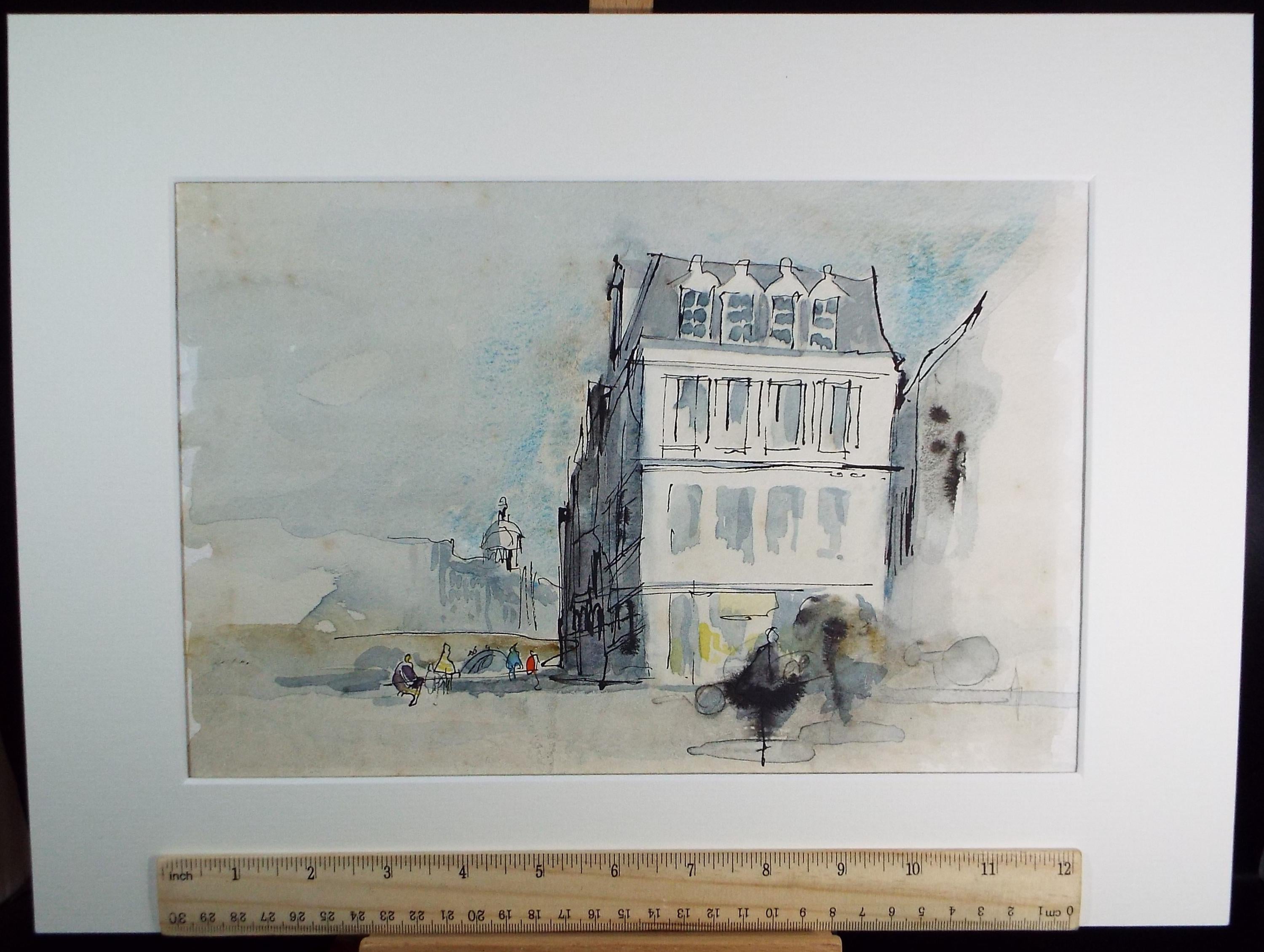 Original Watercolour drawing , 'Town Buildings with figures', John Hambleton Holdcroft (1926-2014), Circa 1970's