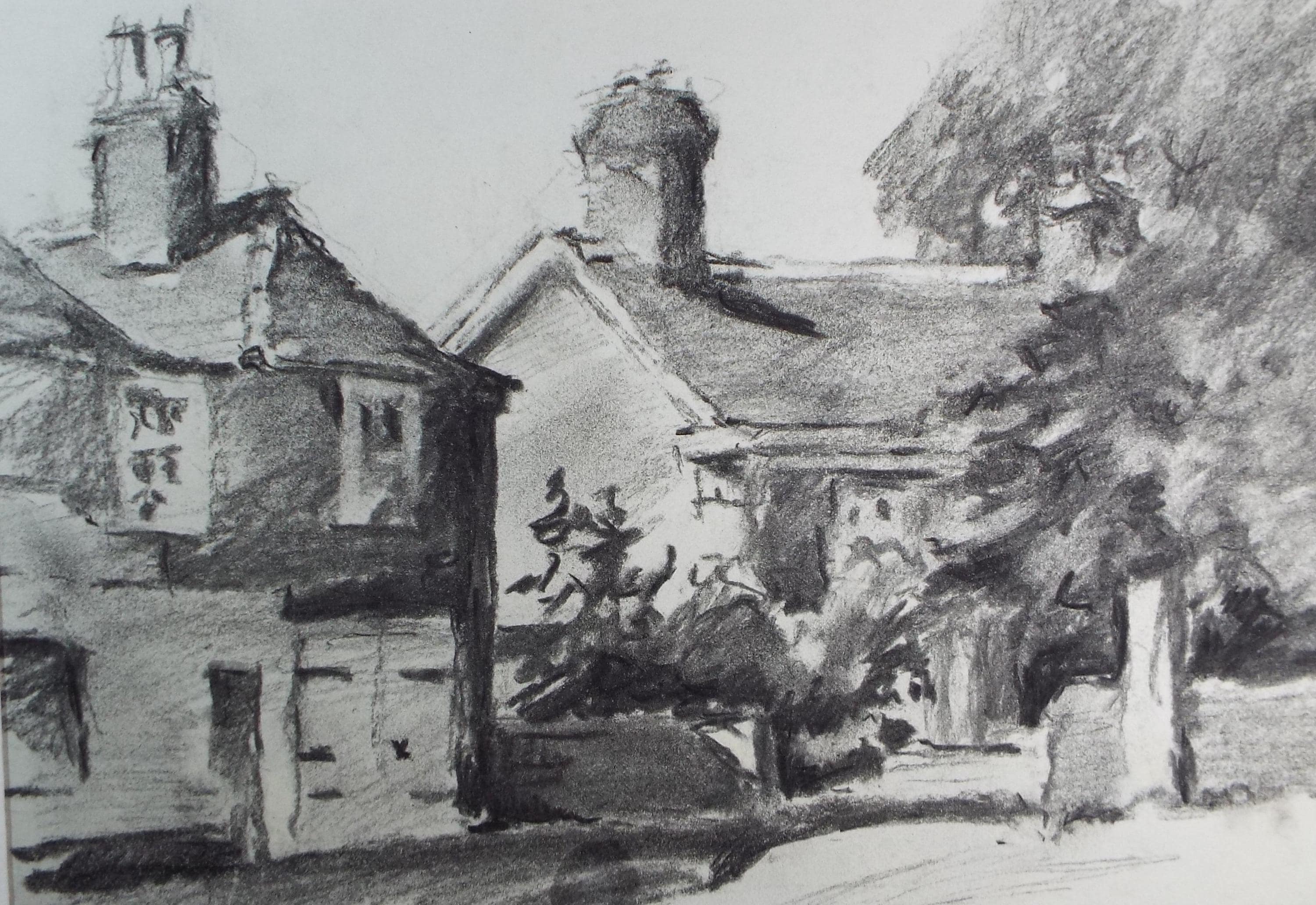 Original Charcoal drawing, 'Pinner High Street', dated 1973, R.A Andew-Jones