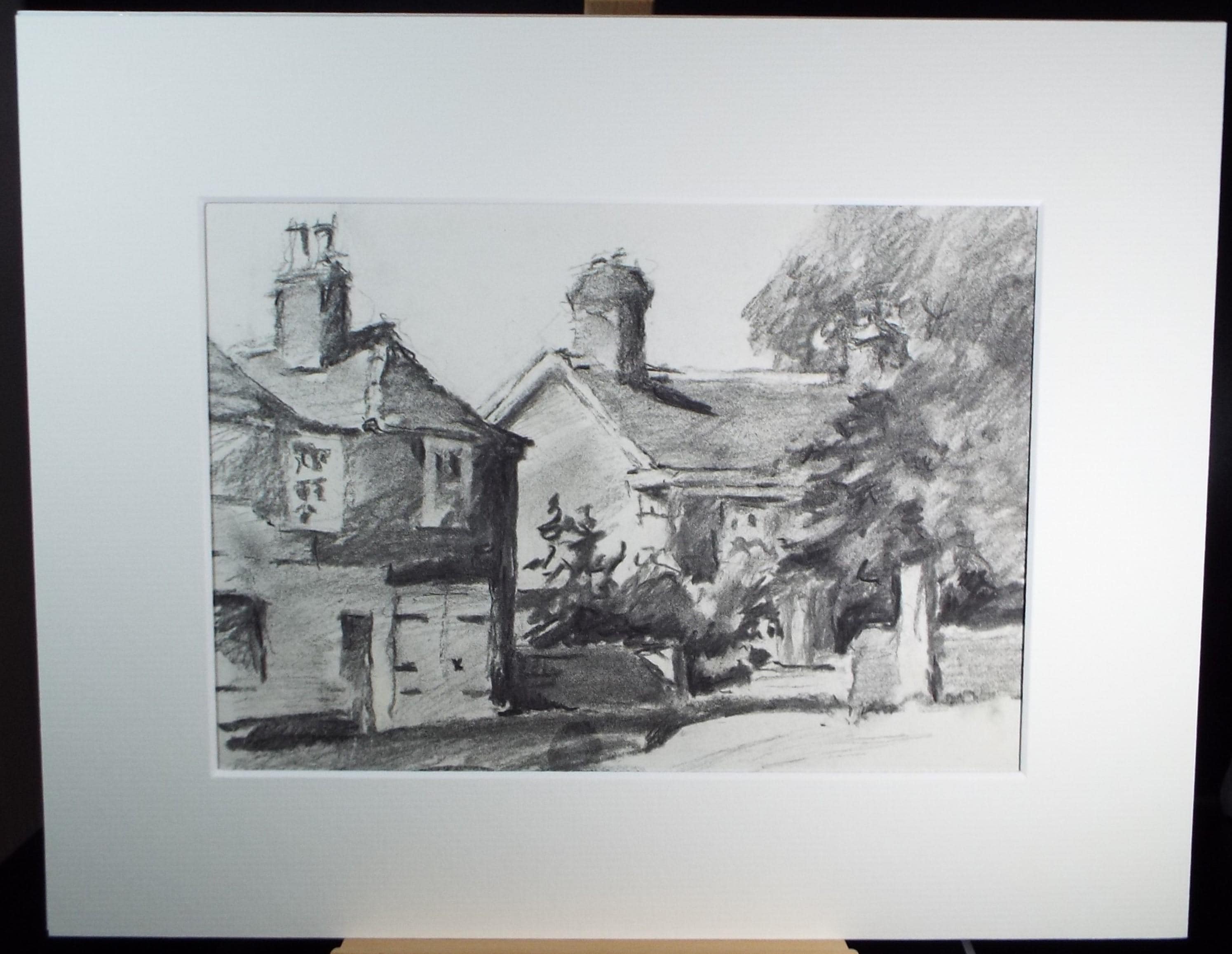Original Charcoal drawing, 'Pinner High Street', dated 1973, R.A Andew-Jones