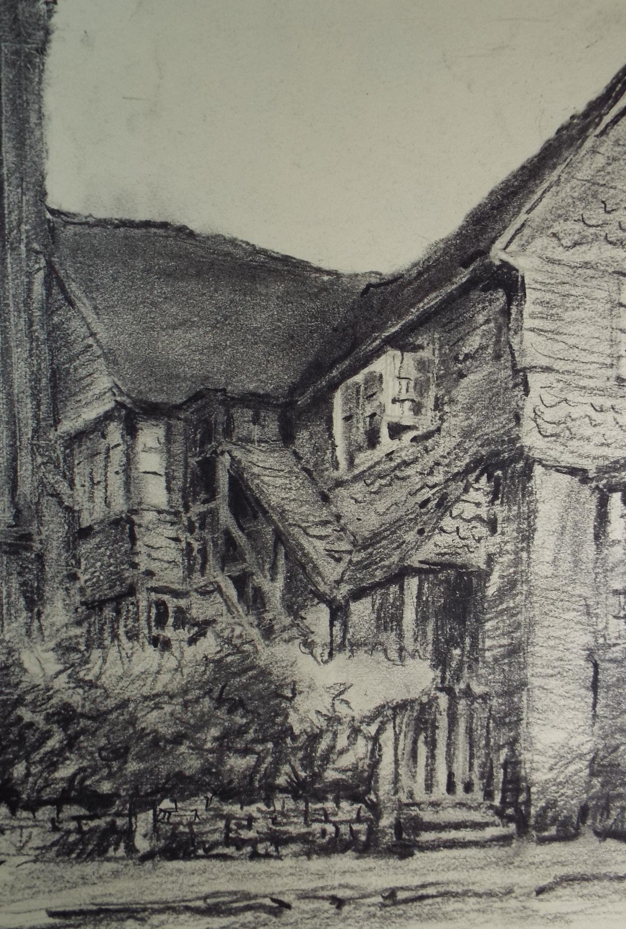 Original Charcoal drawing, 'Pinner Conservative Club' 1966, R.A Andrew-Jones