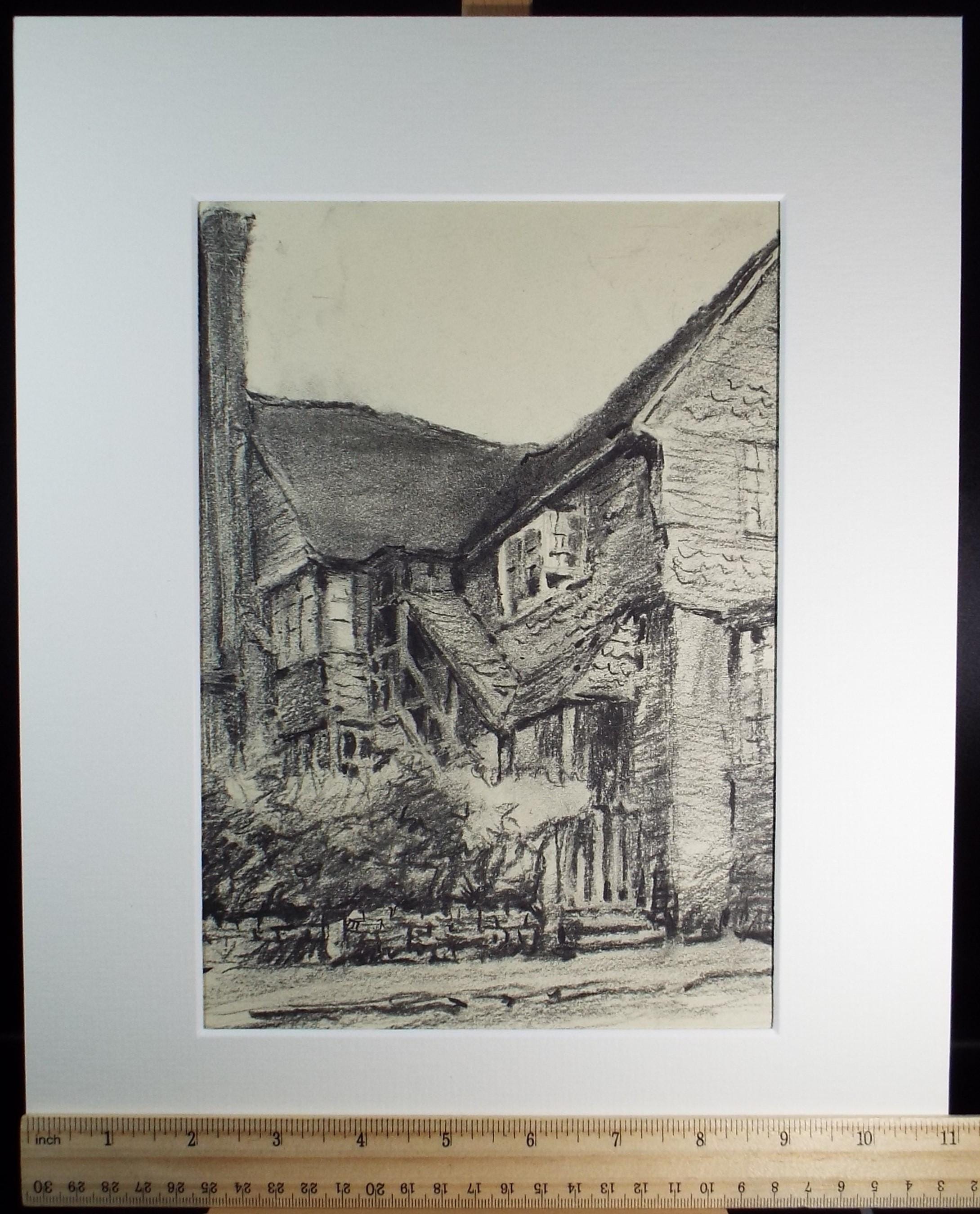Original Charcoal drawing, 'Pinner Conservative Club' 1966, R.A Andrew-Jones