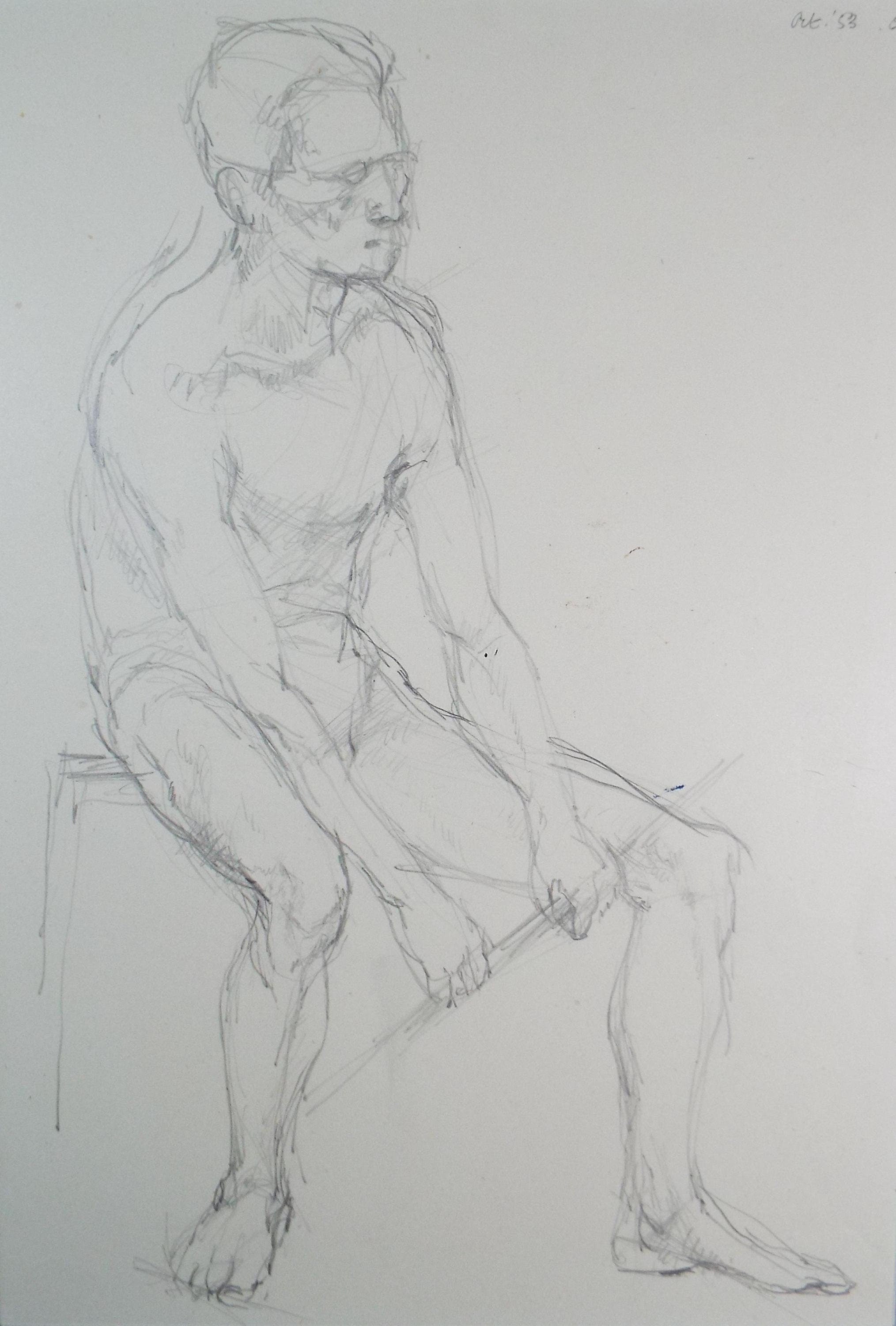 Pencil drawing 'Seated Male figure', c1950s, C.D. Finley
