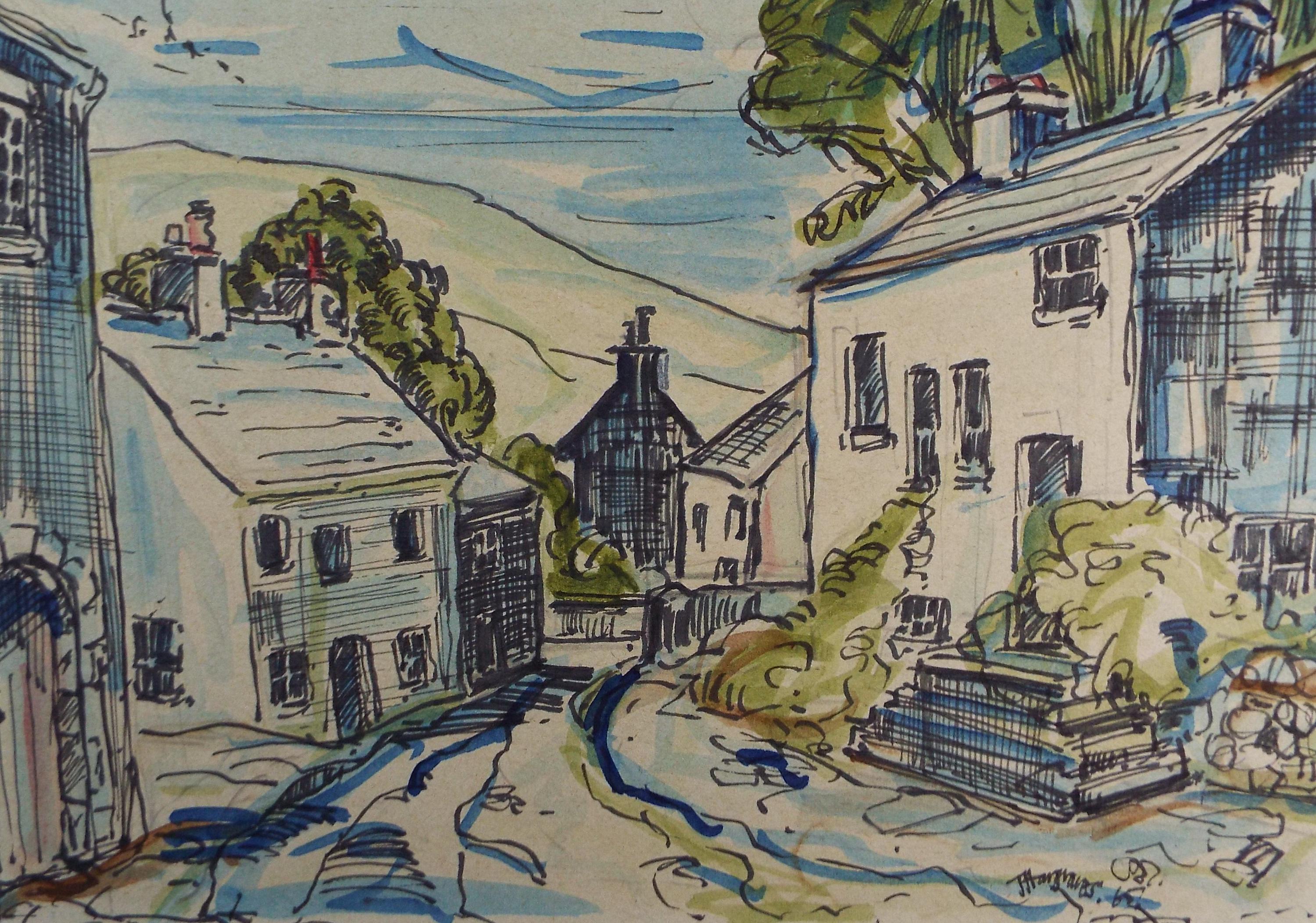 Original Watercolour & ink drawing, 'Street Scene', J Hargraves, Dated 1965