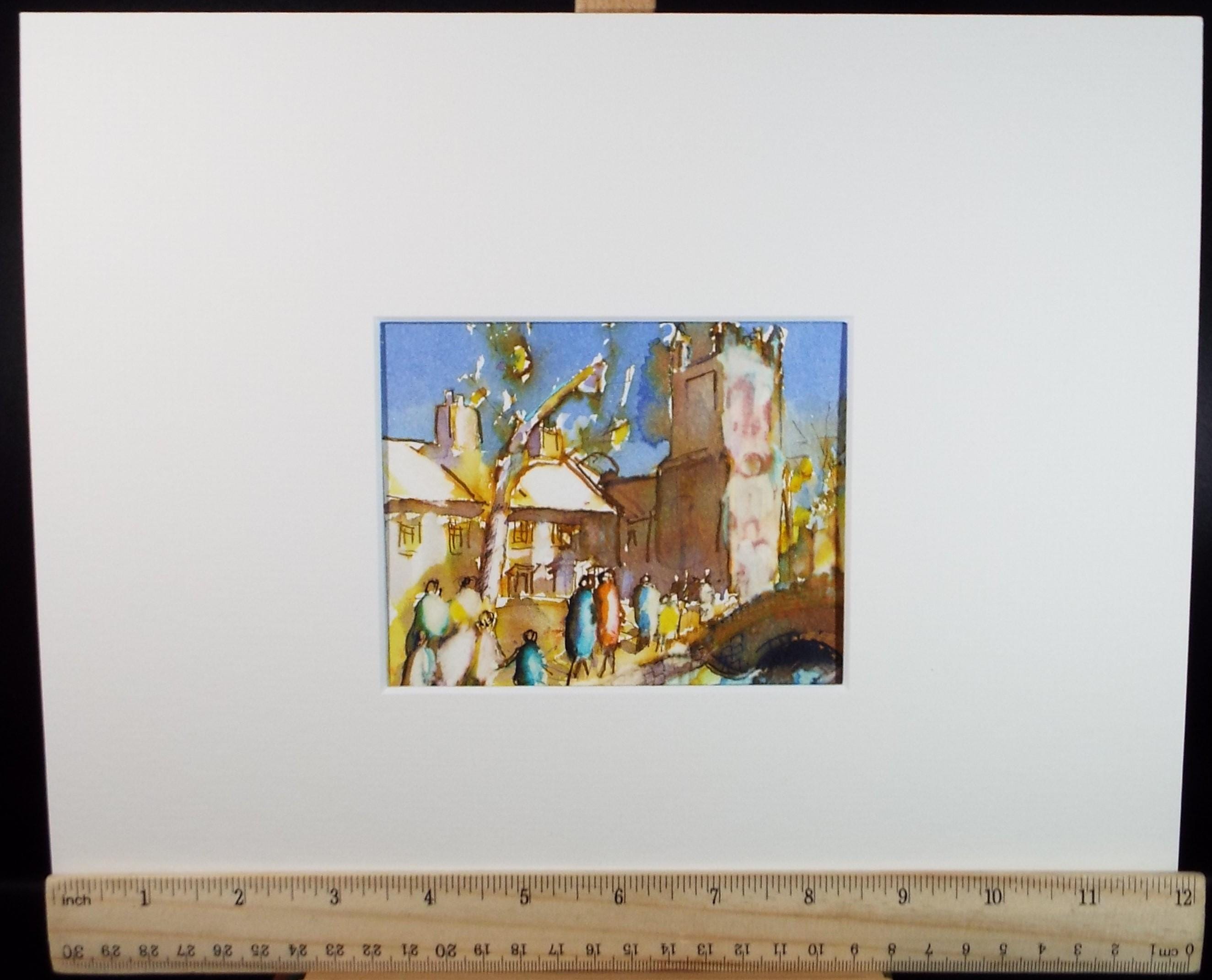 Original Watercolour, 'Figures by a Bridge', June Bevan, c1990's